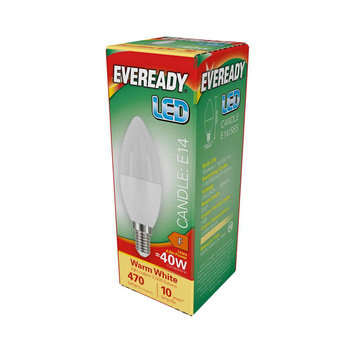 The image features an Eveready 4.9W Non-Dimmable LED Candle Bulb in its green packaging, highlighting features such as energy-efficient warm white light with 470 lumens brightness, equivalent to approximately 40 watts, and a durable lifespan of up to 10 years. The packaging also includes a bulb graphic and the text E14 for easy identification.