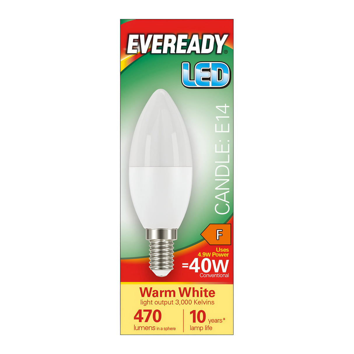 The packaging displays the Eveready 4.9W Non-Dimmable LED Candle Bulb, featuring an E14 base and providing a cozy Warm White light. It emits 470 lumens at 3000K, is energy-efficient with a class F rating, and serves as a long-lasting replacement for a 40W traditional bulb for up to 10 years.
