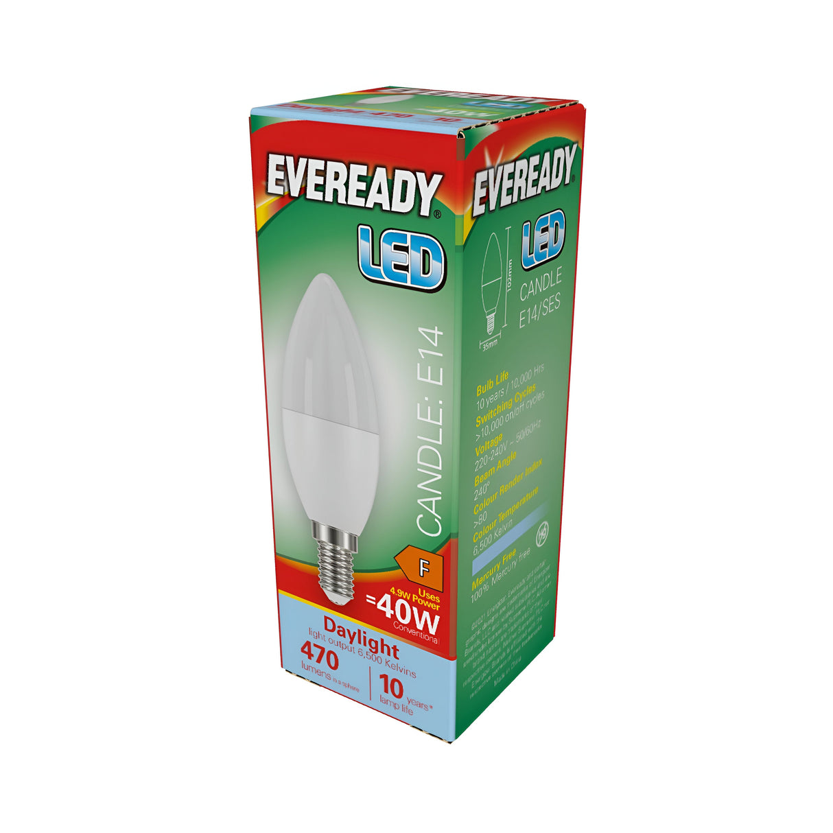 A box of Eveready 4.9W Non-Dimmable LED Candle Bulbs with an E14 base, offering the brightness equivalent to a 40W bulb. Features include 470 lumens, a lifespan of 10 years, and a cool daylight ambiance with a color temperature of 6500K. The packaging is red and green, showcasing its energy efficiency and product details.
