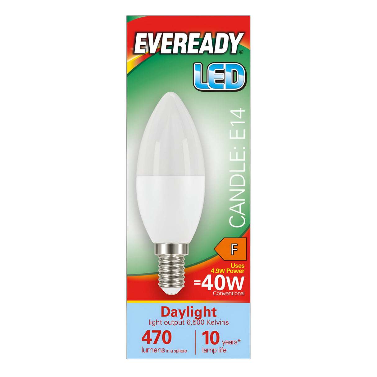 The packaging of the Eveready 4.9W Non-Dimmable LED Candle Bulb - Daylight, E14, 6500K highlights a cool daylight ambiance. This energy-saving bulb uses only 4.9W to deliver the same brightness as a traditional 40W bulb, producing 470 lumens at 6500 Kelvins. It has an F energy rating and offers an impressive lamp life of up to 10 years.