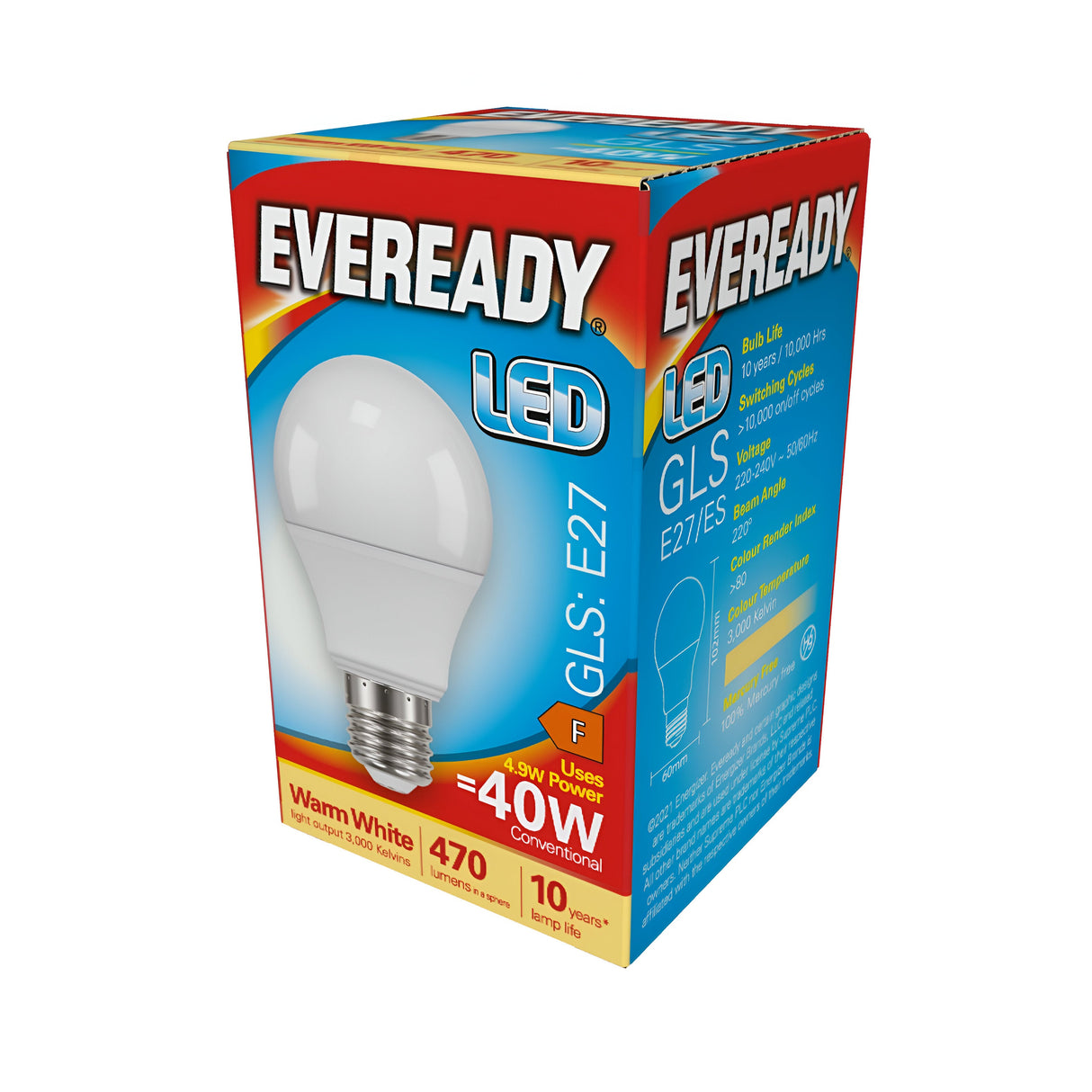 Image of an Eveready 4.9W Non-Dimmable LED GLS Bulb box. The packaging is red and blue, featuring an image of a light bulb. It specifies that the bulb has a power usage of 4.9W, equivalent to a traditional 40W bulb, and provides warm white lighting with a brightness of 470 lumens. This energy-efficient bulb is compatible with an E27 fitting and offers light at 3000K color temperature.