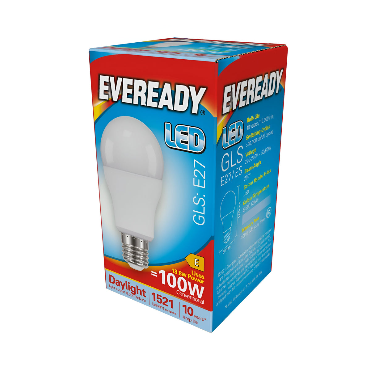An eye-catching package of the Eveready 13.8W Non-Dimmable LED GLS Bulb showcases its energy-saving features. The box highlights specifications like E27 base, a 6500K daylight color temperature, 1521 lumens brightness, an equivalent of a 100W bulb, and an impressive 10-year lifespan.