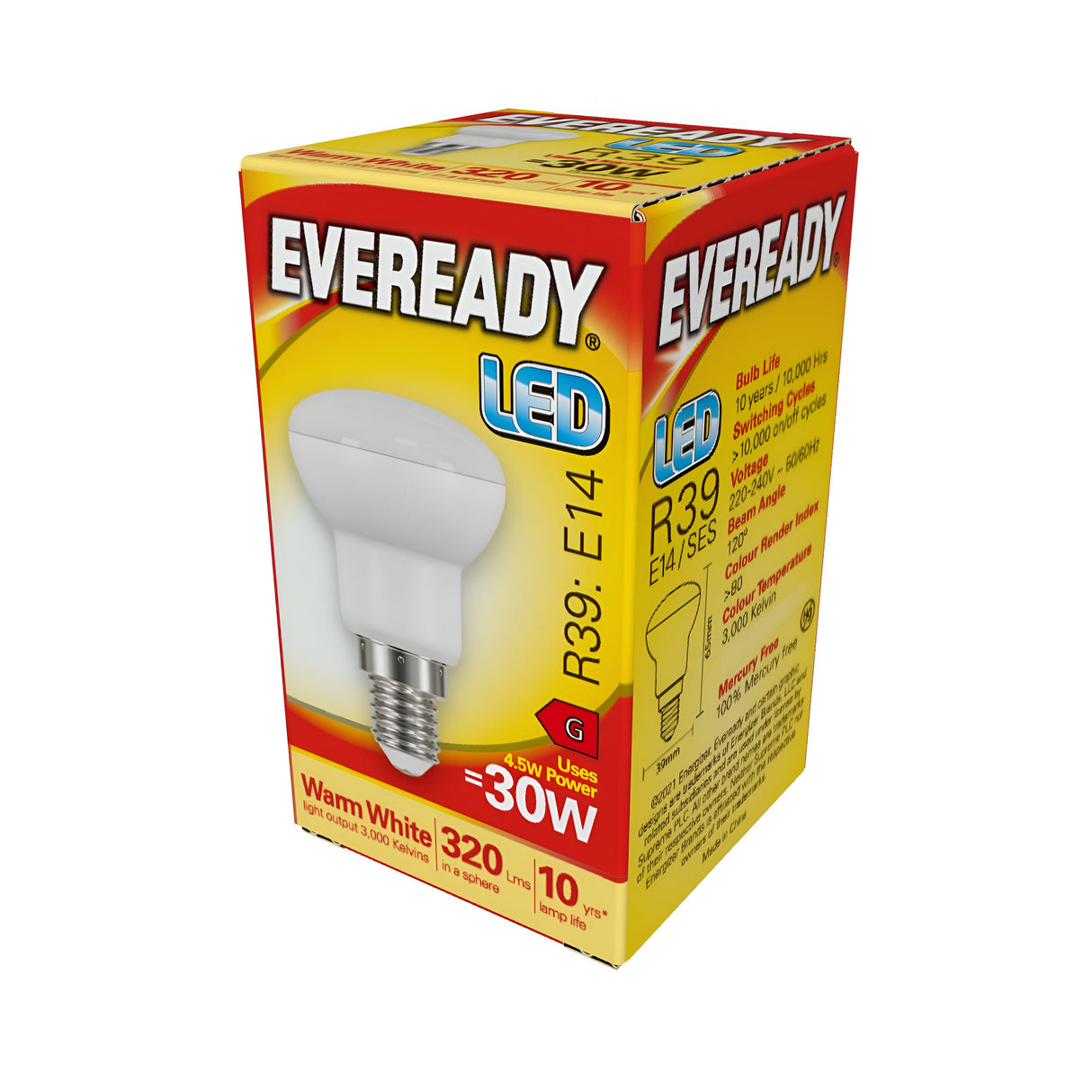 A box of Eveready 4.5W Non-Dimmable R39 LED Reflector Bulbs - Warm White, E14, 3000K highlights energy-saving performance with specifications such as an R39 shape, E14 base, and 4.5W power output equivalent to a traditional 30W bulb. It offers a warm white glow at 320 lumens and has a lifespan of up to 15,000 hours or around 10 years. The packaging is predominantly red with yellow accents and provides detailed product information.