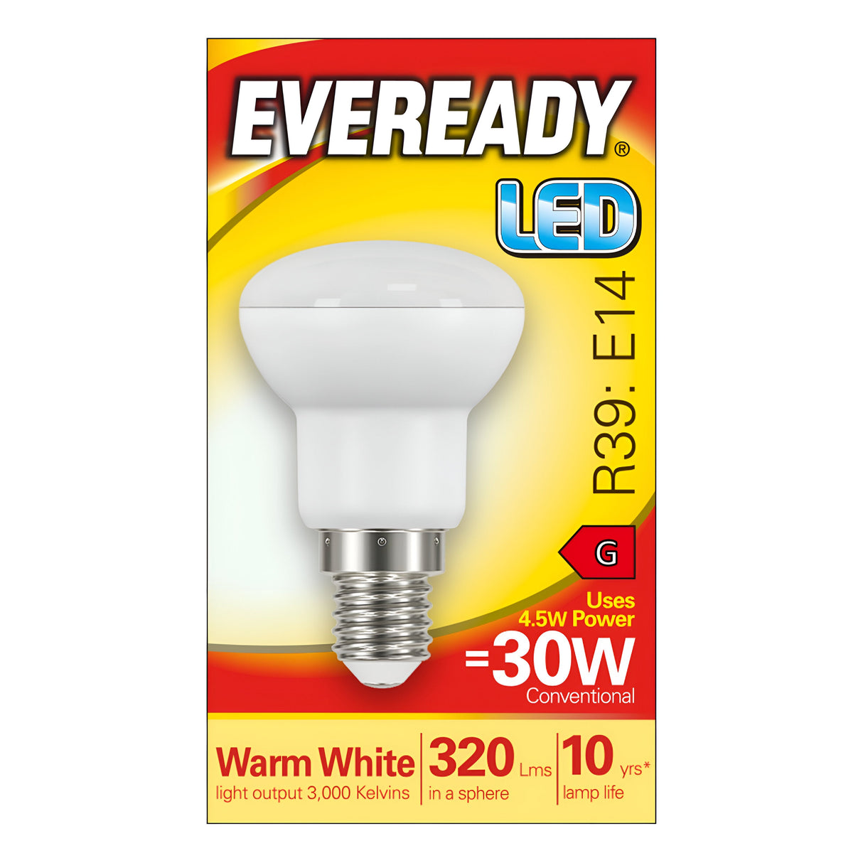 Image of Eveready 4.5W Non-Dimmable R39 LED Reflector Bulb - Warm White, E14, 3000K packaging. This energy-saving bulb uses 4.5W power and is equivalent to a 30W conventional bulb. It emits a warm white glow with a brightness of 320 lumens, a color temperature of 3000 Kelvins, and features a long-lasting lamp life of up to 10 years.