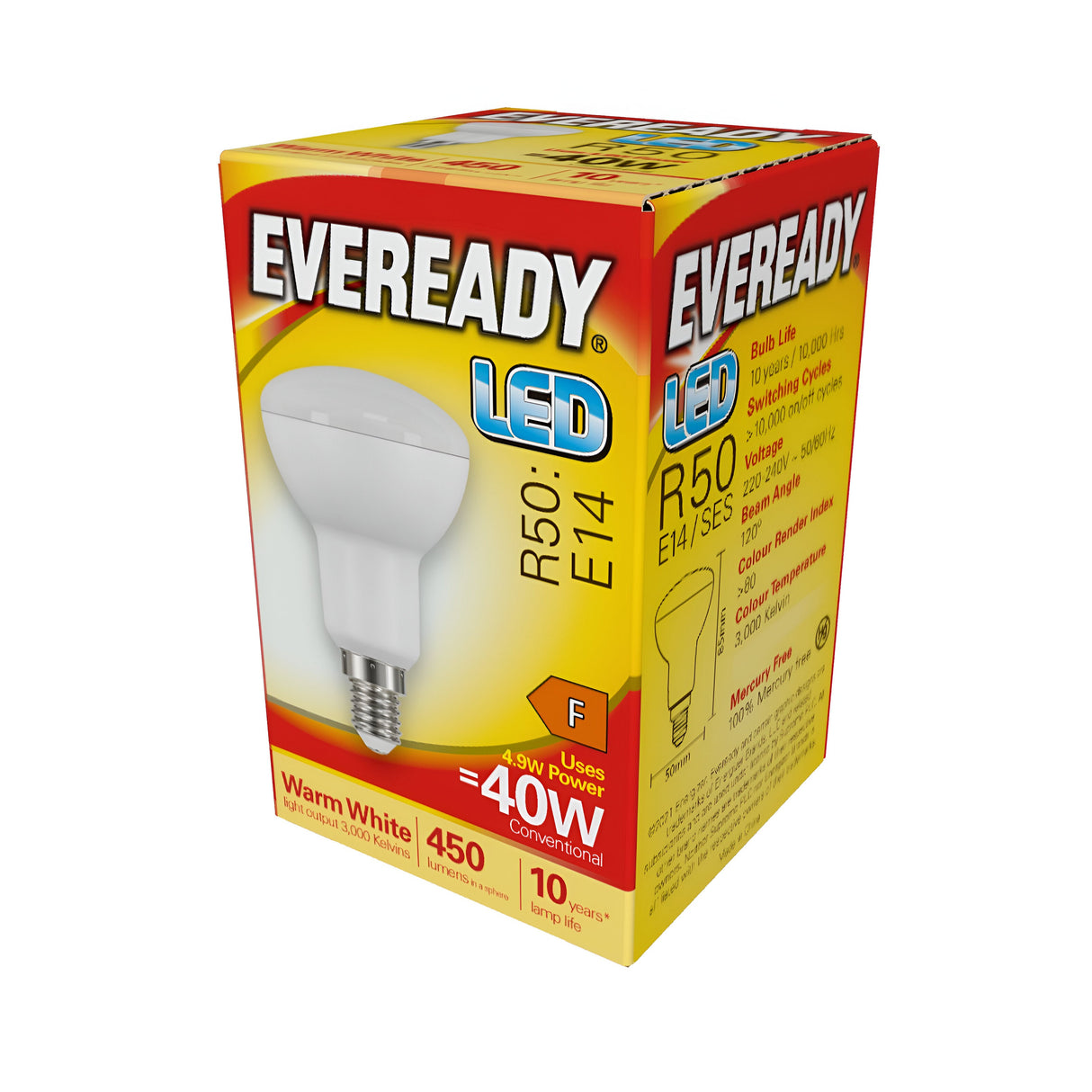 The image features an Eveready 4.5W Non-Dimmable R50 LED Reflector Bulb with an E14 base, which emits warm white light at 3000K and produces a brightness of 450 lumens, efficiently replacing a traditional 40-watt bulb.