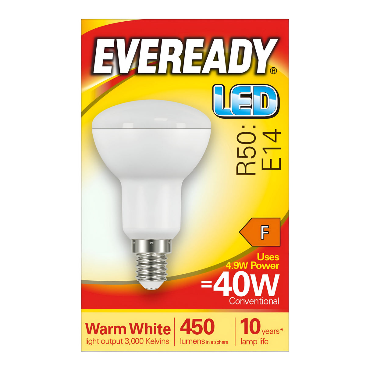 Packaging for an Eveready 4.5W Non-Dimmable R50 LED Reflector Bulb in Warm White, featuring an E14 base. Showcases the bulb image and highlights its energy-efficient design: equivalent to 40W conventional usage while consuming only 4.5W of power, producing 450 lumens with a warm white light at 3000K. It is energy-rated F and boasts a notable lifespan of up to 10 years.