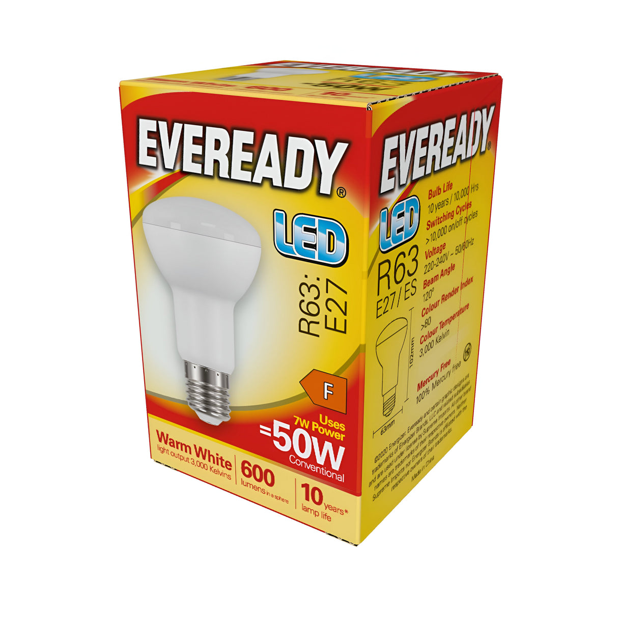 The image shows a box of Eveready 7W Non-Dimmable R63 LED Reflector Bulbs. The yellow packaging with red and white text emphasizes its role as an energy-efficient alternative to a traditional 50W bulb. It produces warm white light at 3000K, with a brightness of 600 lumens, and comes with an E27 ES base.