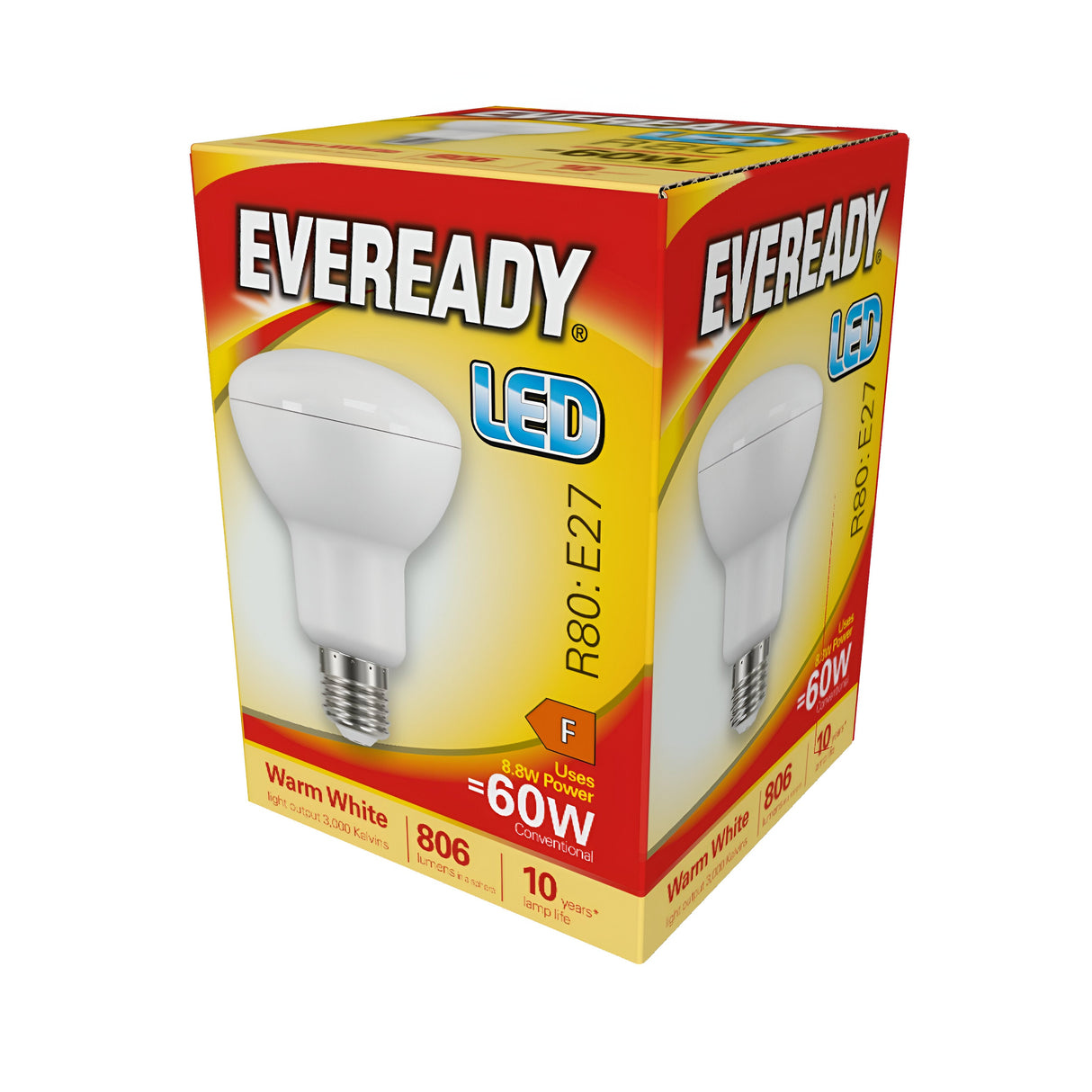 The image shows a box of an Eveready 8.8W Non-Dimmable R80 LED Reflector Bulb in warm white, featuring an E27 base. With a brightness of 806 lumens, this bulb is as bright as a traditional 60W bulb while maintaining energy efficiency and offering an estimated lifespan of 10 years.