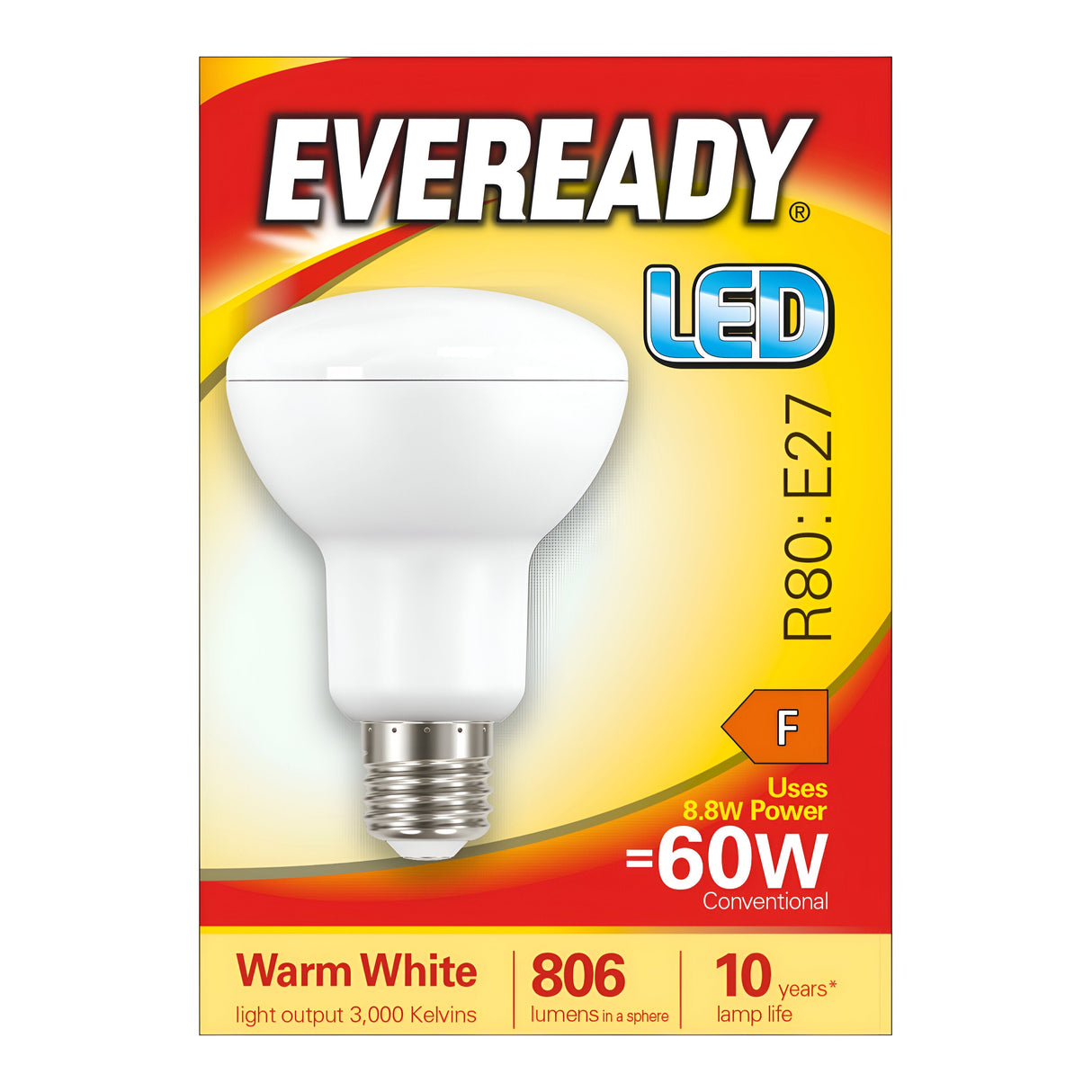 Image of the Eveready 8.8W Non-Dimmable R80 LED Reflector Bulb packaging. The box emphasizes the warm white glow, emitting 806 lumens and using E27 fitting with an 8.8W power consumption comparable to a traditional 60W bulb. It creates a cozy ambiance with its 3000 Kelvin color temperature and boasts an impressive lifespan of up to 10 years.
