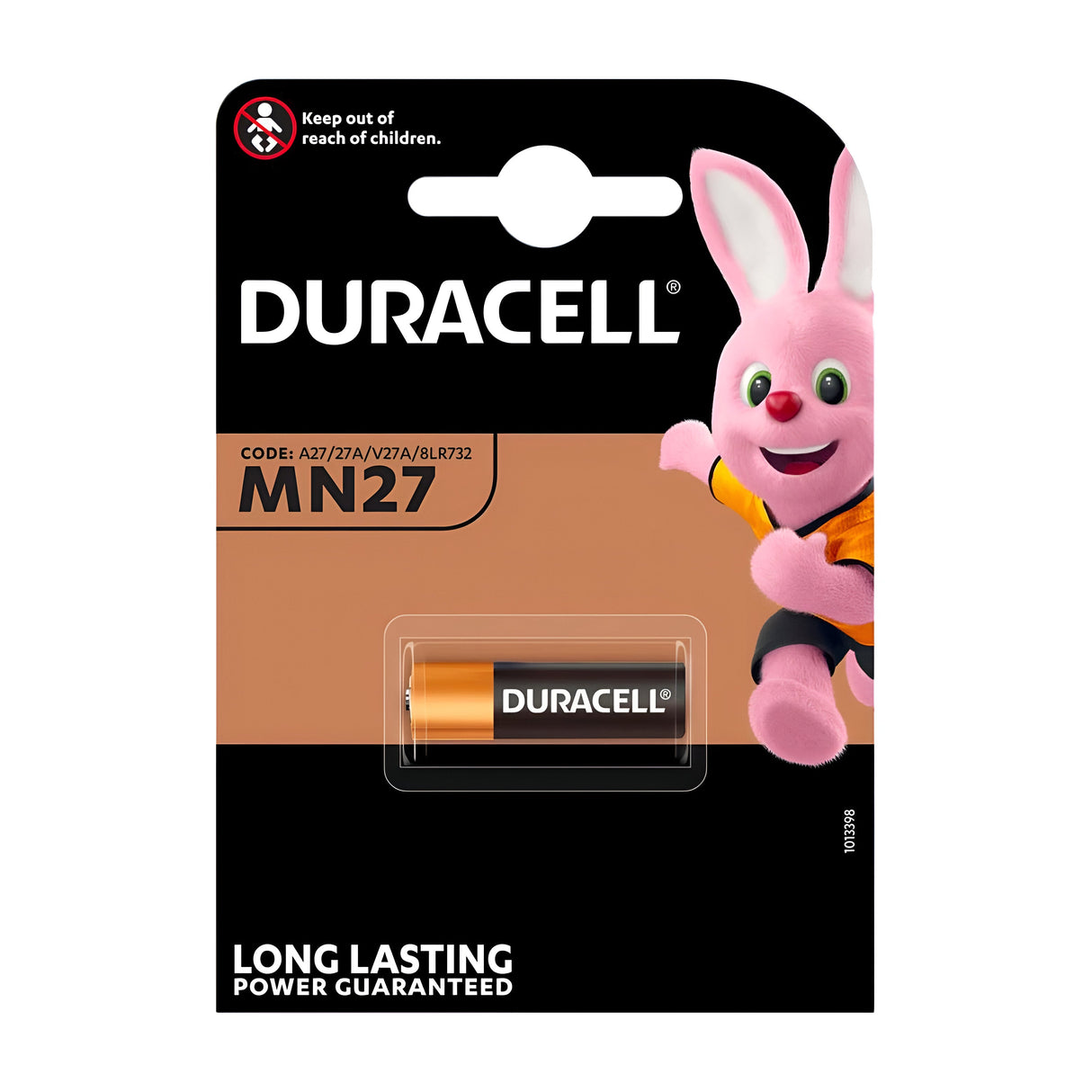 The packaging for the Duracell MN27 Alkaline Battery (1 Pack) features the iconic pink bunny mascot, with text stating "Long Lasting Power Guaranteed" to emphasize its excellent power retention for high-voltage devices. Additionally, it includes a warning to keep the battery out of children's reach.