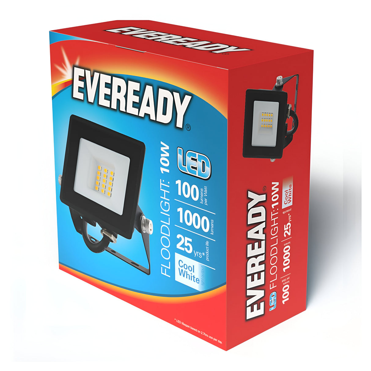 Image of an Eveready 10W LED Floodlight - 4000K box, ideal for outdoor lighting. The predominantly red box with blue highlights displays the product image and features: 10W power, 1000 lumens, and an impressive 25-year lifespan. Cool White color temperature and energy efficiency are emphasized on the front.