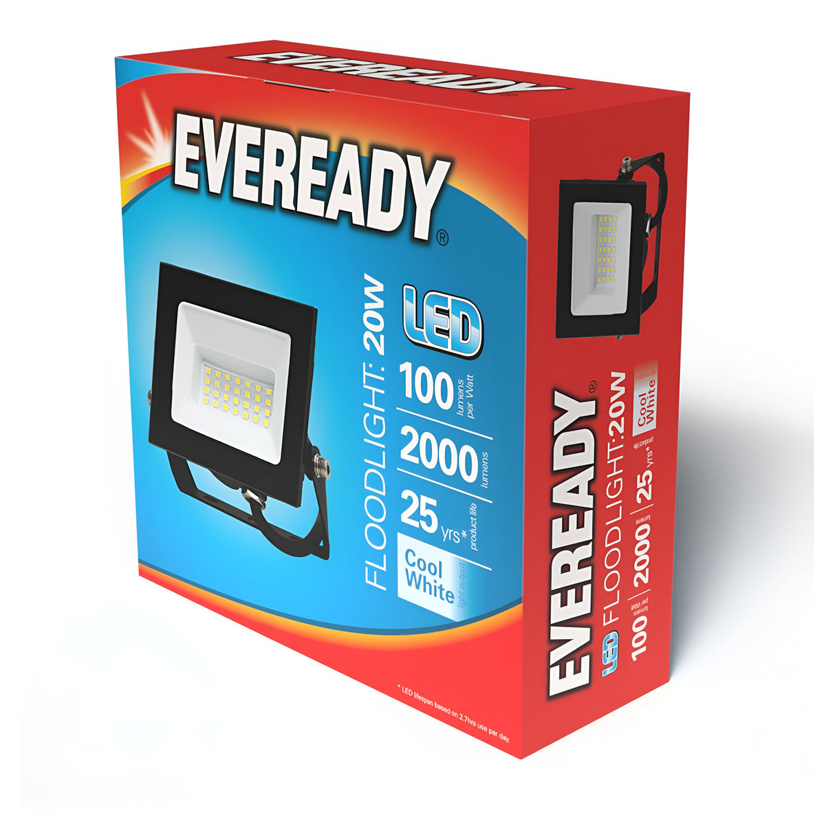 The Eveready 20W LED Floodlight in red and blue packaging is ideal for outdoor lighting, offering 2000 lumens of cool white light at 100 lumens per watt. Its energy efficiency and impressive 25-year lifespan ensure long-lasting brightness.