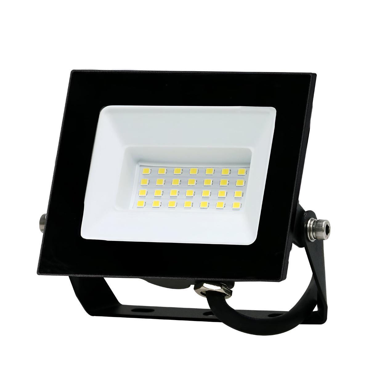 The Eveready 20W LED Floodlight - 4000K is an energy-efficient rectangular light featuring a black frame and white interior, with numerous small yellow LEDs. It's designed for outdoor illumination and comes with an adjustable black mounting bracket, making it perfect for efficiently lighting up any space.