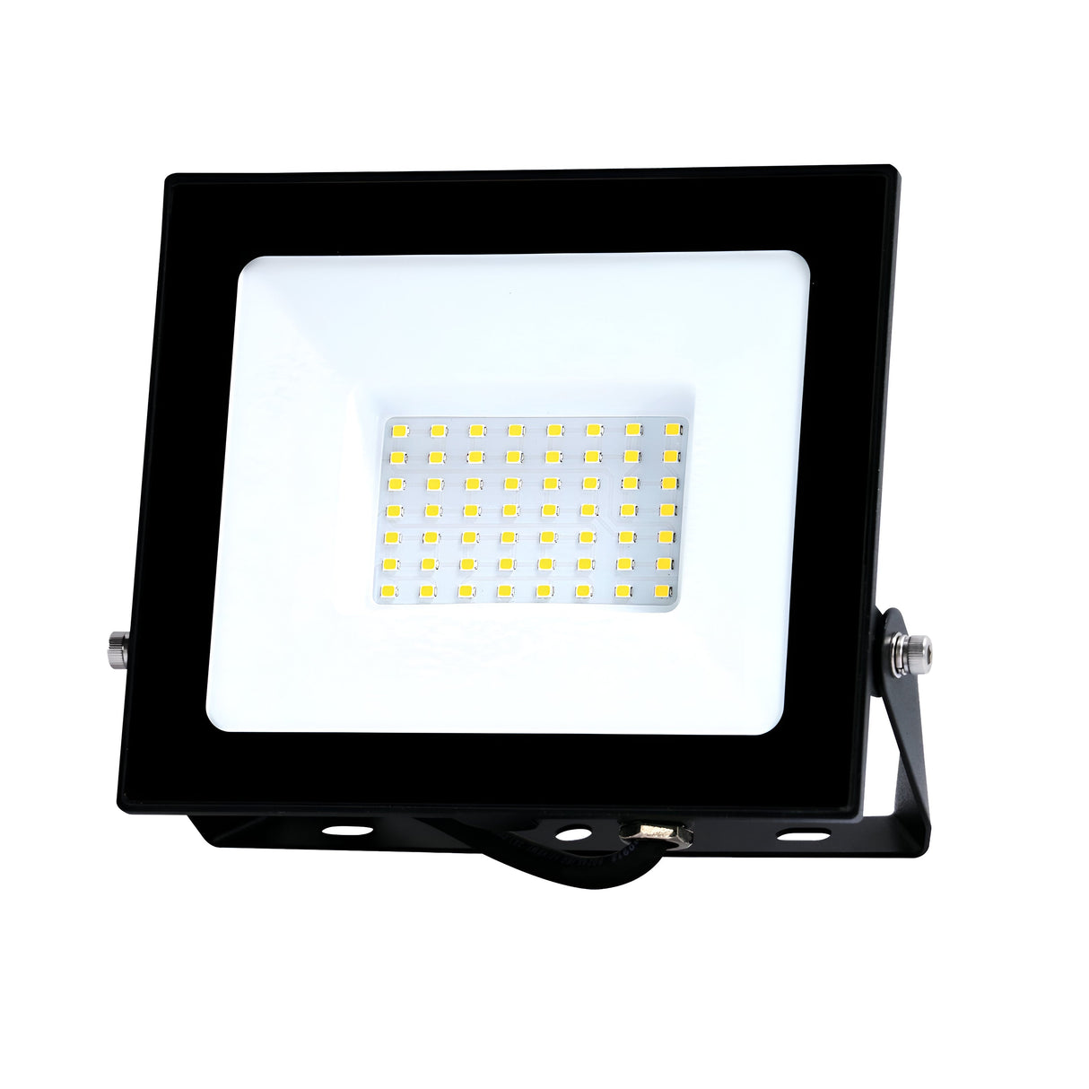 The Eveready 50W LED Floodlight - 4000K is an energy-efficient black rectangular LED floodlight featuring a white reflective surface and multiple small LED bulbs arranged in a grid pattern. Ideally suited for outdoor lighting, it is mounted on an adjustable bracket to allow for optimal positioning.