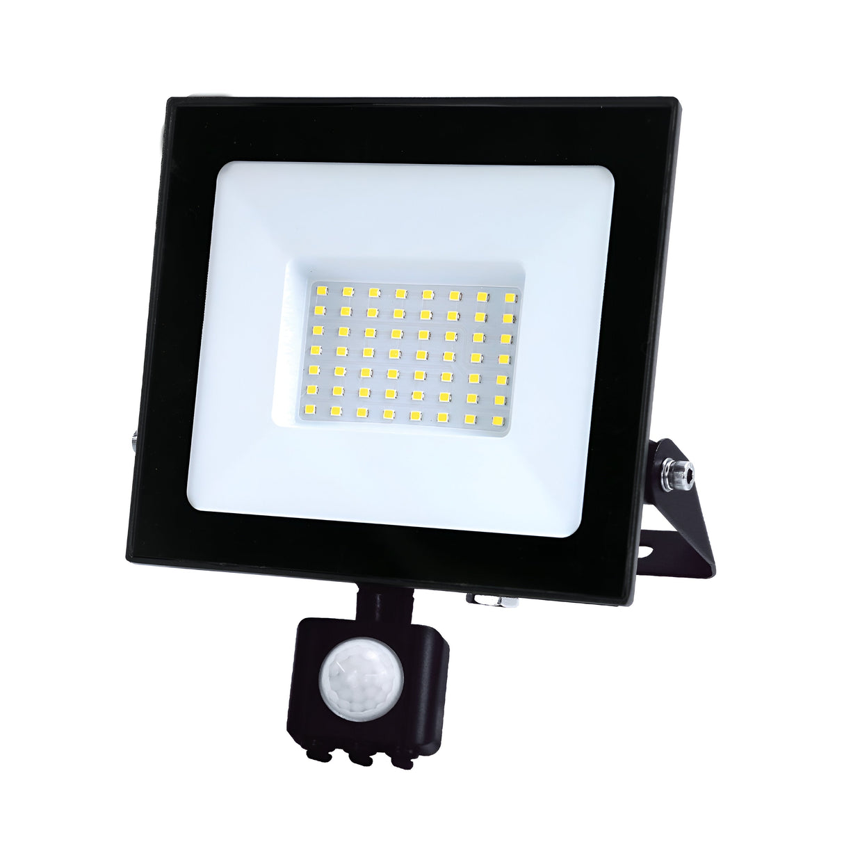 The Eveready 50W LED PIR Floodlight - 4000K, featuring a sleek rectangular design with multiple small LED bulbs centrally positioned, is mounted on a bracket and includes a motion-sensing feature at the bottom. It stands out against a plain white backdrop, making it an ideal choice for enhancing your outdoor lighting.
