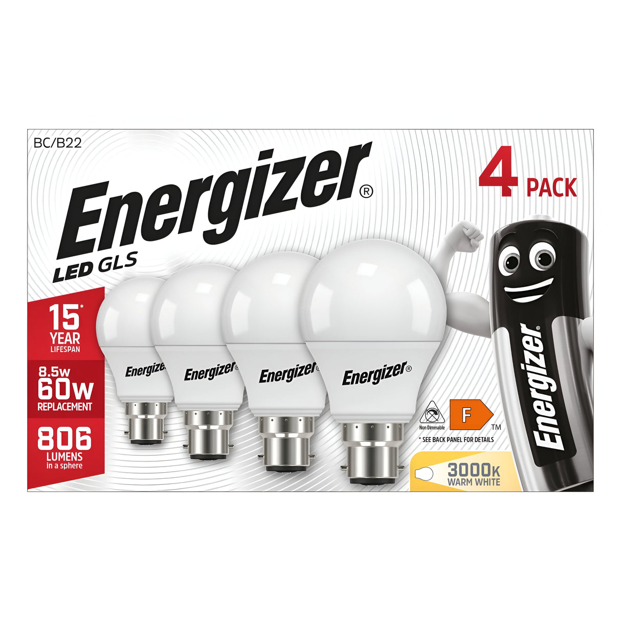 Image of a 4-pack of Energizer 8.5W Non-Dimmable LED GLS Bulb in Warm White with B22 base, featuring a cartoon battery character. These energy-efficient bulbs provide 806 lumens and emit a 3000K warm white light. They have an impressive lifespan of 15 years and serve as an energy-saving replacement for traditional 60W bulbs due to their LED technology.