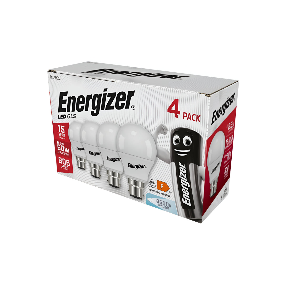 Four-pack box of Energizer 8.5W Non-Dimmable LED GLS bulbs, adorned with a smiling light bulb character on the side. The packaging emphasizes energy efficiency with a 15,000-hour lifespan, 60W equivalent output, producing 806 lumens, carrying an F energy rating and providing a daylight color temperature of 6500K.
