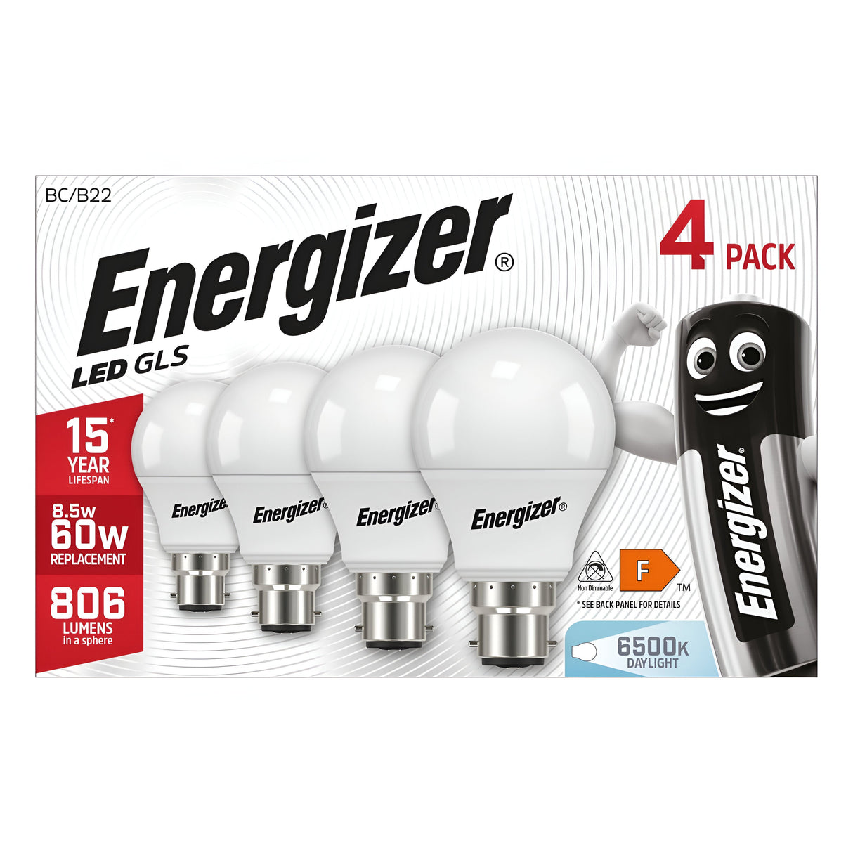 Packaging of Energizer 8.5W Non-Dimmable LED GLS Bulbs, B22, Daylight, 4-pack. With an Energizer battery character on a white background, this pack offers four energy-efficient bulbs boasting a 15-year lifespan, providing 806 lumens and replacing traditional 60W bulbs with their crisp 6500K daylight color.