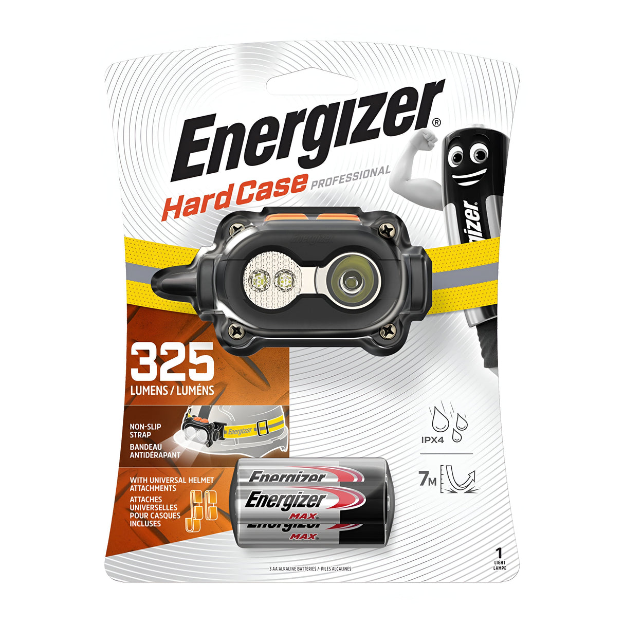 The packaging for the Energizer LED Hardcase Head Torch 325 Lumen - Batteries Included highlights its sturdy construction, boasting 325 lumens in an impact-resistant design. It features a non-slip strap and waterproof capabilities, with three included AA Energizer batteries providing up to seven hours of runtime. The sleek white and yellow branding is complemented by a product image.