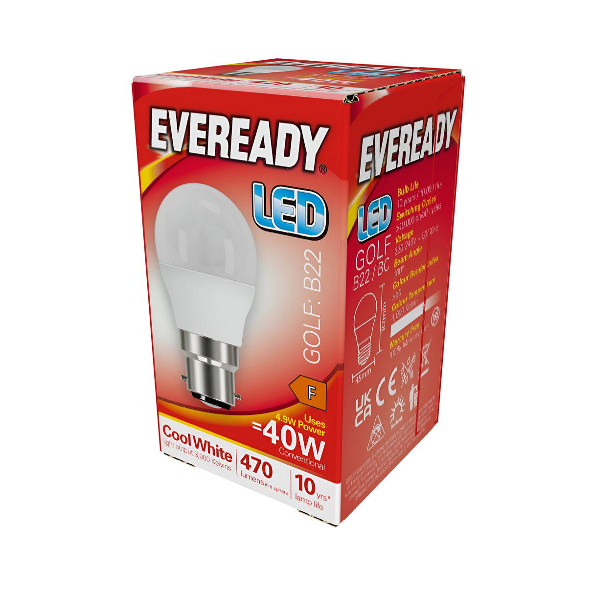 A red and white Eveready LED Golf Bulb box showcasing a 4.9W non-dimmable B22 bayonet cap golf ball bulb in cool white with a color temperature of 4000K and 470 lumens. The box emphasizes product specifications and energy-efficient lighting details.