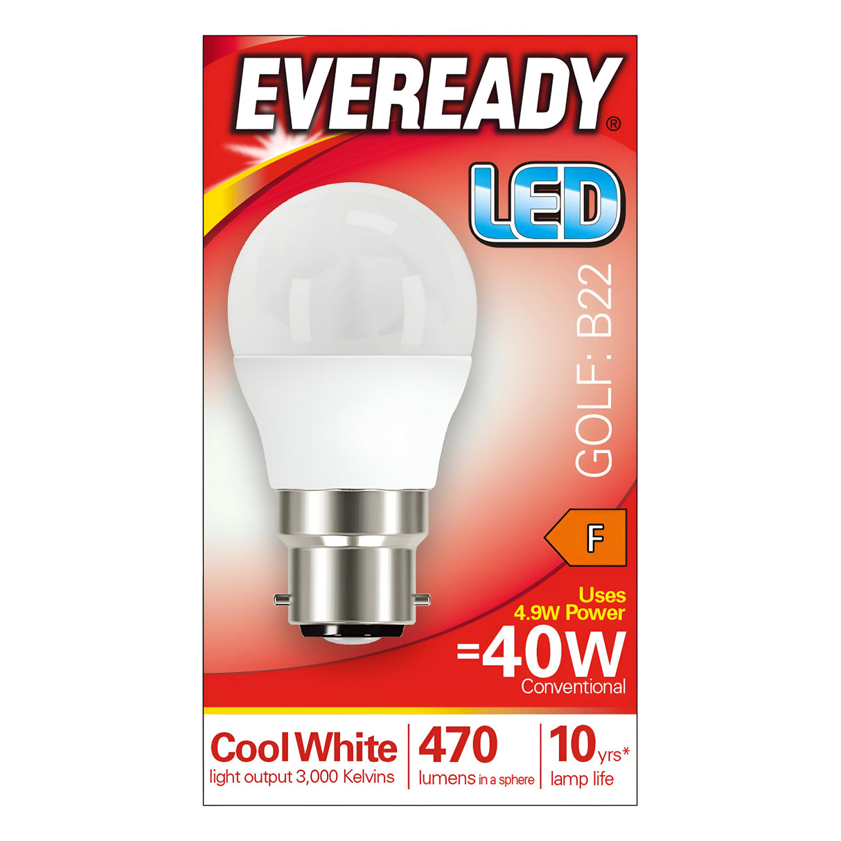 The image displays packaging for an Eveready 4.9W Non-Dimmable LED Golf Ball Bulb, designed for energy efficiency. This Cool White B22 model with a bayonet cap offers 470 lumens and is intended to replace traditional 40W bulbs. It has a light output of 4000 Kelvin and offers a lifespan of up to 10 years.