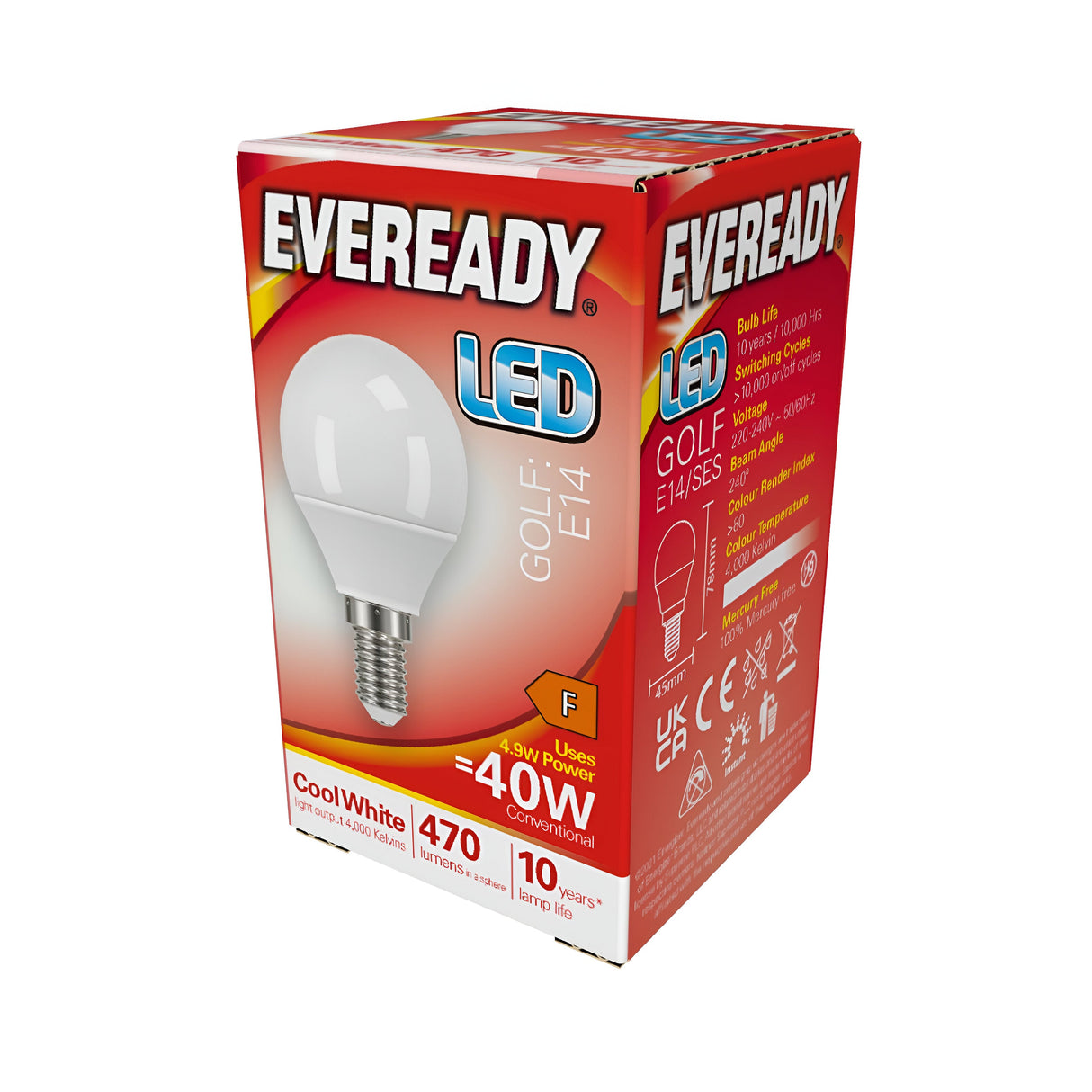A box in red and white containing an Eveready 4.9W Non-Dimmable LED Golf Ball Bulb with an E14 Small Screw Cap highlights that it provides Cool White light at a temperature of 4000K, comparable to a 40W traditional bulb. The packaging prominently displays its brightness of 470 lumens and a lifespan of 10,000 hours, along with various symbols and specifications.
