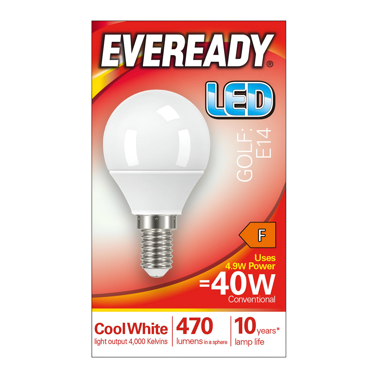 Packaging for the Eveready 4.9W Non-Dimmable LED Golf Ball Bulb features an E14 Small Screw Cap, offering Cool White light at 4000K with a brightness of 470 lumens. This energy-efficient bulb is equivalent to a 40W conventional bulb and boasts a remarkable 10-year lifespan along with an F energy rating.