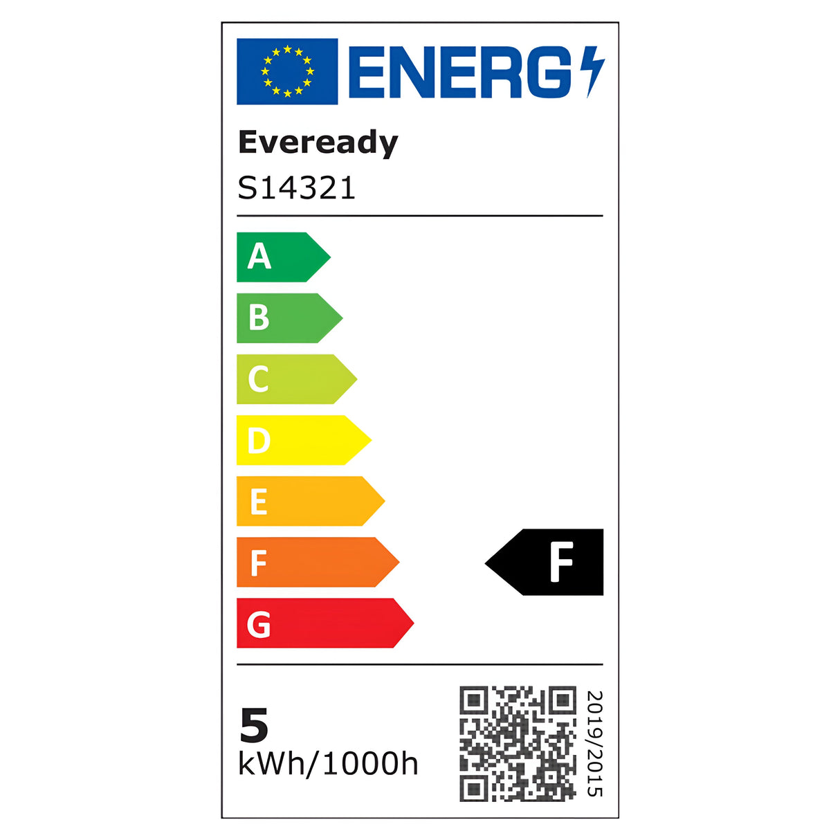 The Eveready 4.9W Non-Dimmable LED Golf Ball Bulb, offering a cool white light and equipped with an E14 small screw cap, holds an energy label ranging from A to G. Rated F, it uses 5 kWh/1000h. It includes a QR code and its specifications adhere to the standards set in 2019/2015.