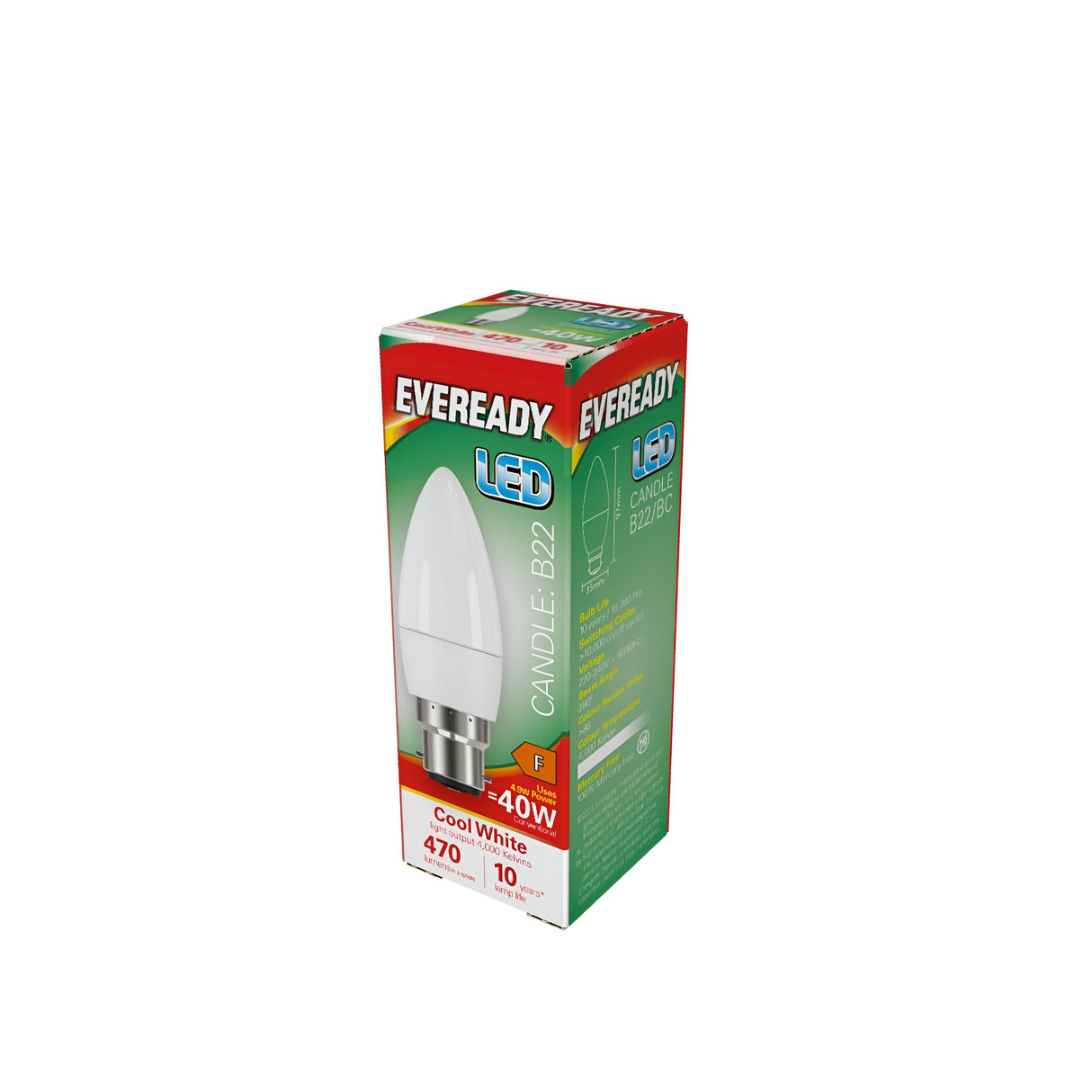 The Eveready 4.9W Non-Dimmable LED Candle Bulb, featuring energy-efficient cool white light, comes in green packaging with red and blue accents that highlight its B22 base and 4000K color temperature. With a remarkable lifespan of 10 years, the bulb is prominently illustrated on the front of the box.