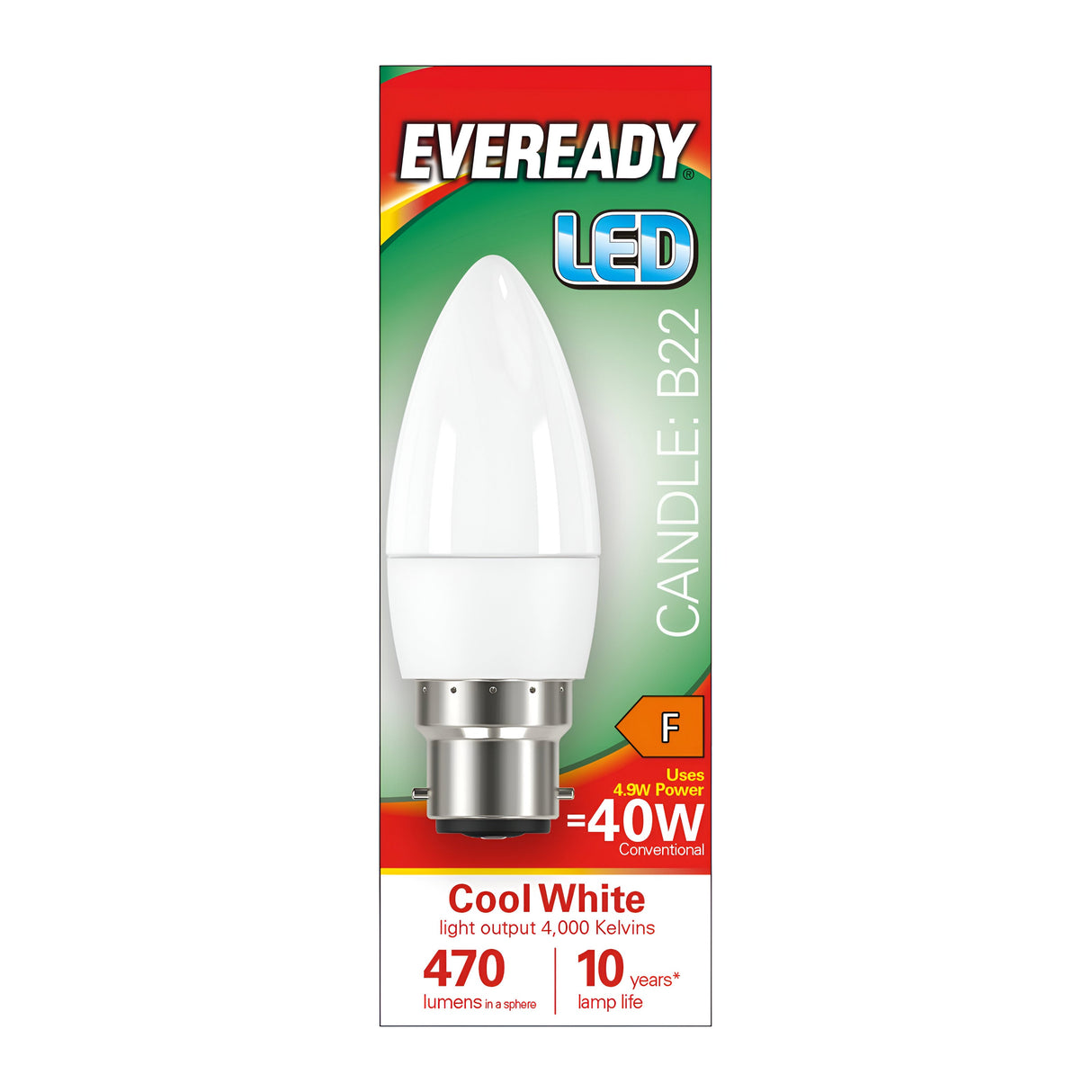 The Eveready 4.9W Non-Dimmable LED Candle Bulb with a B22 fitting delivers cool white light at 4000K, emits 470 lumens, and has a lifespan of up to 10 years. It uses only 4.9 watts of power while providing the equivalent brightness of a traditional 40-watt bulb.