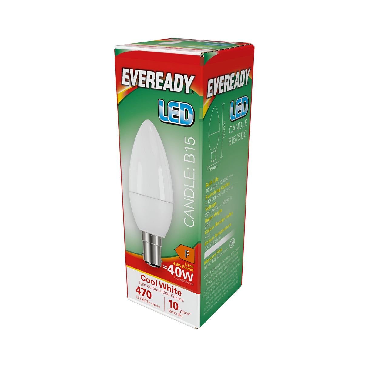 A green and red box containing an energy-efficient Eveready 4.9W Non-Dimmable LED Candle Bulb with a B15 base, equivalent to 40W, which emits cool white light at 470 lumens and boasts a lifespan of 10 years. The packaging displays the bulb's image and specifications.