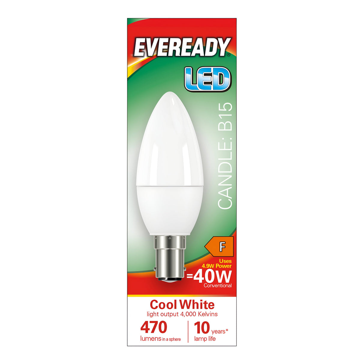 The packaging for the Eveready 4.9W Non-Dimmable LED Candle Bulb highlights its B15 base and cool white light at 4000K, with a light output of 470 lumens equivalent to a traditional 40W bulb. It has an energy efficiency class F and is designed to last for up to 10 years.