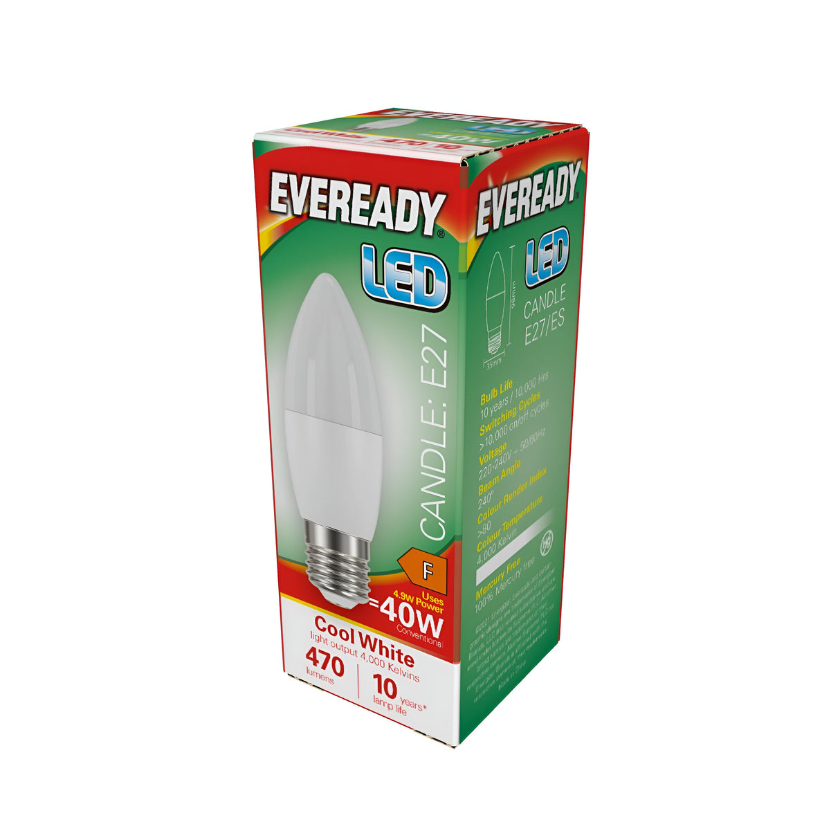 A box of Eveready 4.9W Non-Dimmable LED Candle Bulb offers energy-efficient lighting with a 40W equivalent power and delivers a brightness of 470 lumens over its impressive 10,000-hour lifespan. The cool white, 4000K light enhances the ambiance of any room. Packaged in a predominantly green box with red accents, the packaging prominently features the product details.