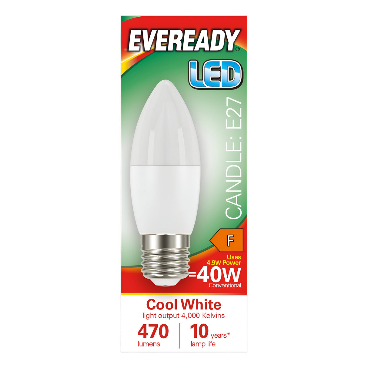 The Eveready 4.9W Non-Dimmable LED Candle Bulb with an E27 fitting is a model of energy efficiency, providing a cool white glow at 470 lumens and 4000 Kelvin. It lasts for up to ten years while using only 4.9 watts, equivalent to a traditional 40-watt bulb, and has an energy rating of F.