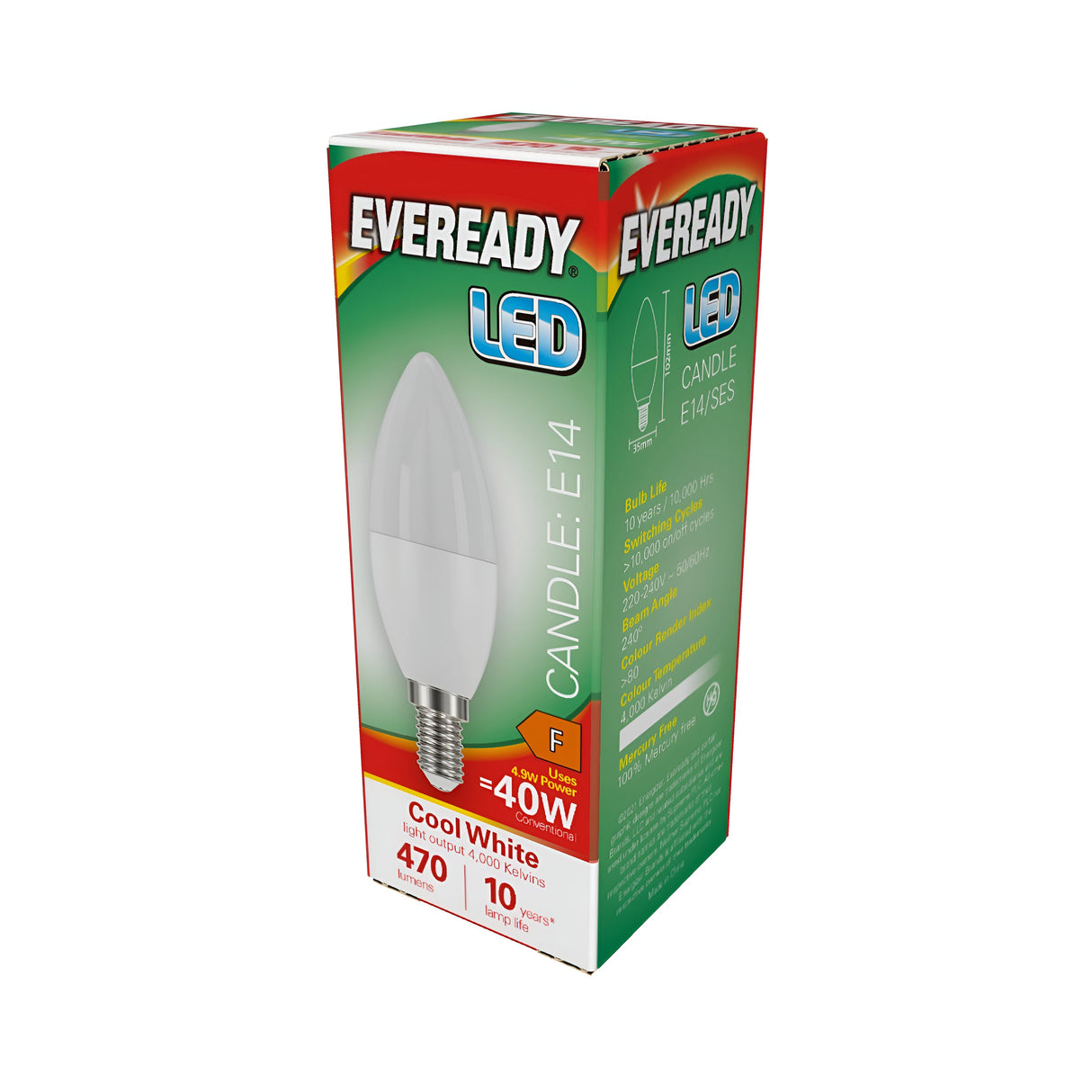 The vibrant green and red packaging of the Eveready 4.9W Non-Dimmable LED Candle Bulb with an E14 base underscores its use in decorative lighting fixtures, featuring a 40W equivalent output, cool white glow at 4000K, brightness of 470 lumens, and an energy rating of F.