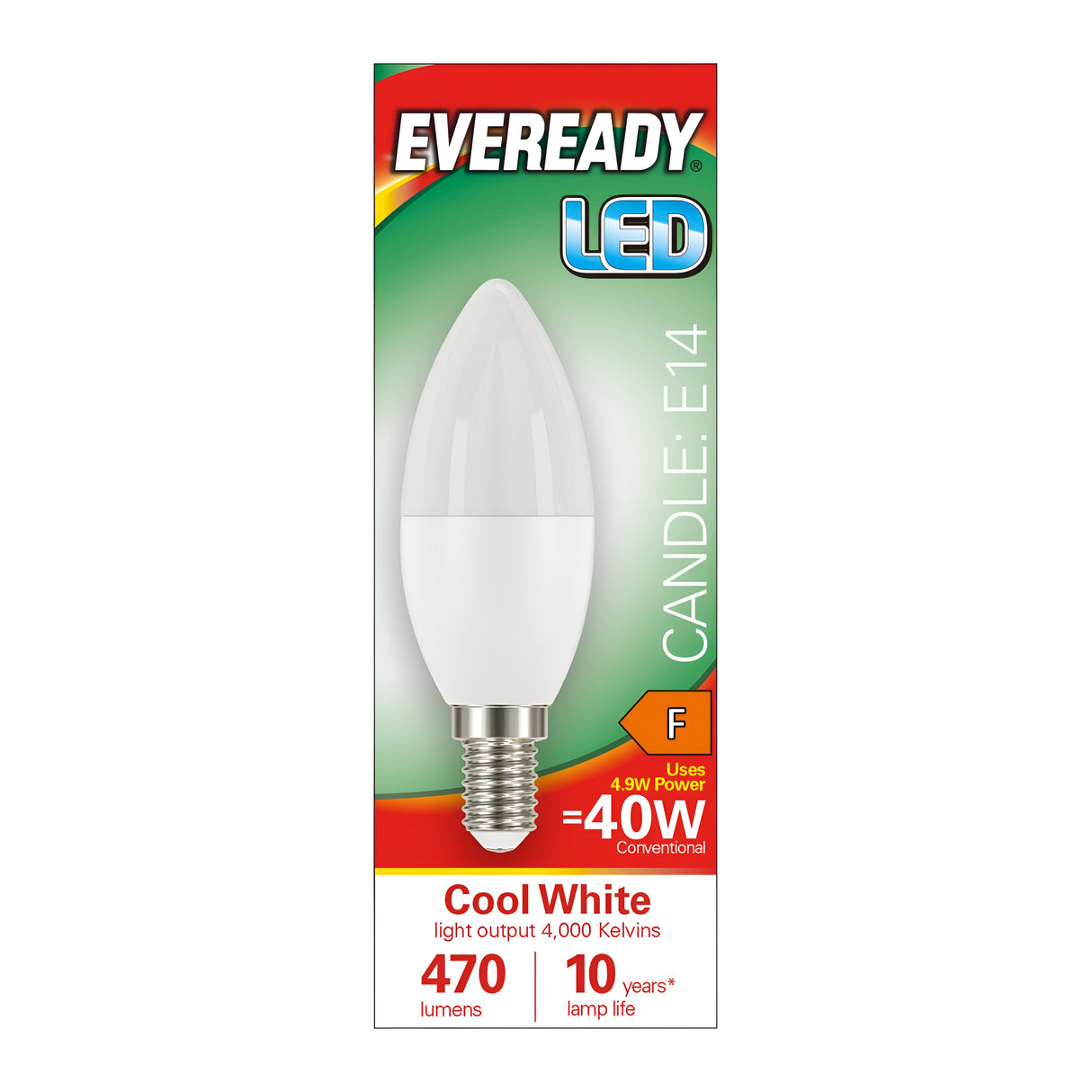 The Eveready 4.9W Non-Dimmable LED Candle Bulb, with an E14 base, provides cool white light at 470 lumens, matching the brightness of a traditional 40W bulb. It boasts an energy efficiency rating of F and has a lifespan of 10 years, emitting light at a color temperature of 4000 Kelvins as noted on its packaging.