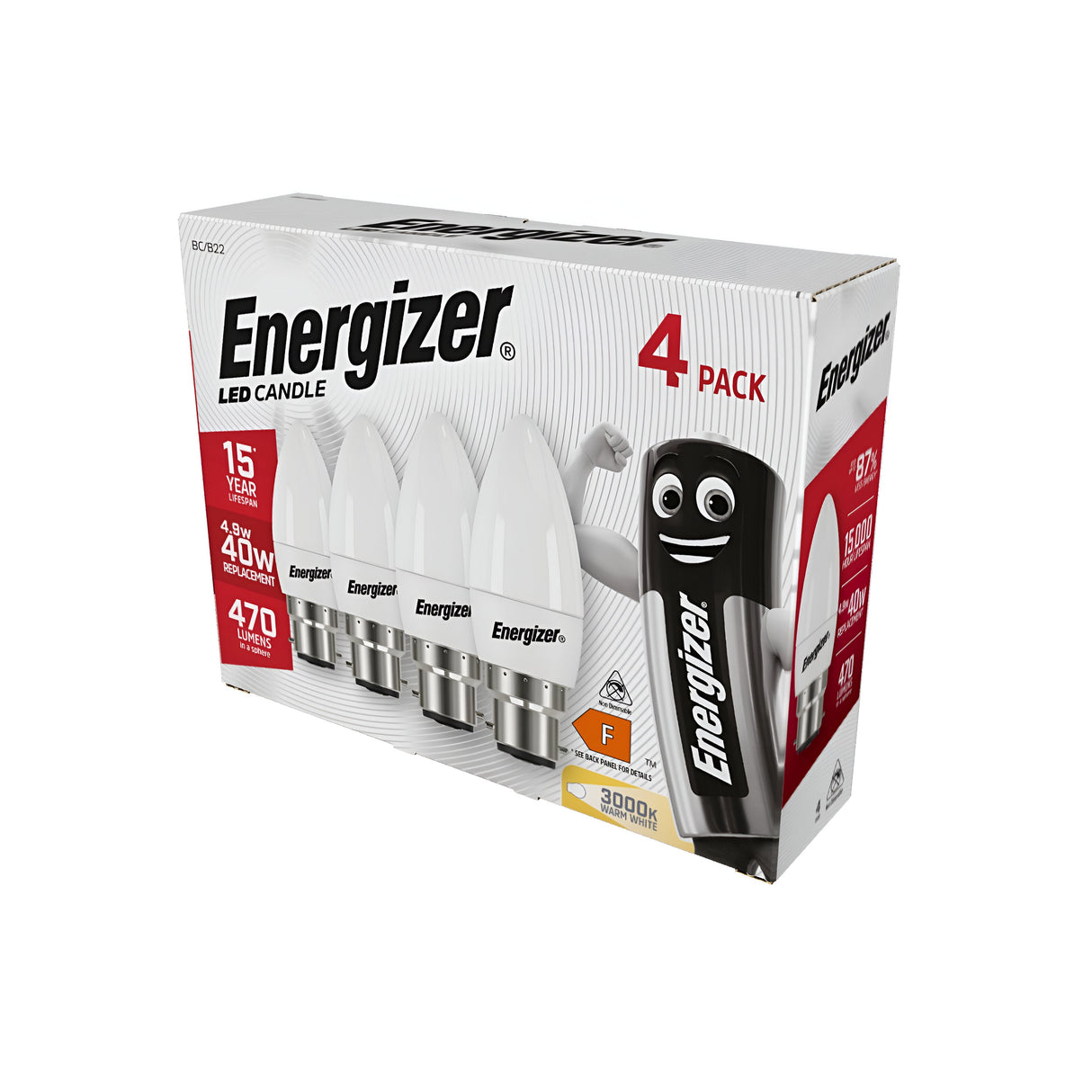 The Energizer 4.9W Non-Dimmable LED Candle Bulbs come in a pack of four and emit a warm white glow at 3000K, equivalent to a 40W traditional bulb, providing 470 lumens and ensuring energy efficiency. These bulbs create a cozy atmosphere with an impressive lifespan of up to 15 years. The packaging features a smiling battery character and includes details about the included 3-year warranty.