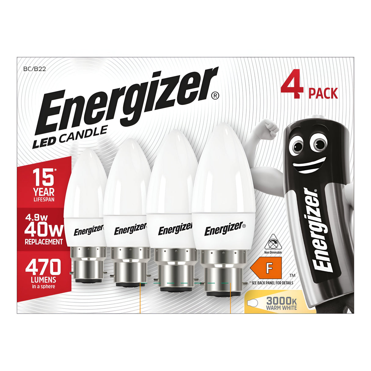 The packaging for the Energizer 4.9W Non-Dimmable LED Candle Bulb - Warm White (4 Pack) emphasizes its energy efficiency, featuring bulbs with a lifespan of up to 15 years. These bulbs use only 4.9W but have the brightness equivalent to a traditional 40W bulb, producing a warm white light at 3000K and delivering 470 lumens. An illustration of a battery character adorns the side of the package.