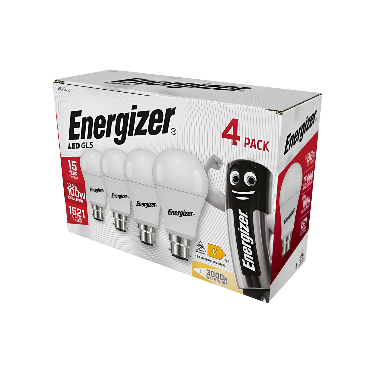 4-pack of Energizer 13.5W Non-Dimmable LED GLS Bulbs in Warm White, B22, 3000K, highlighting energy-efficient lighting. The packaging displays images of the bulbs with a mascot character and emphasizes efficiency details, including "15 years" and "100W equivalent.