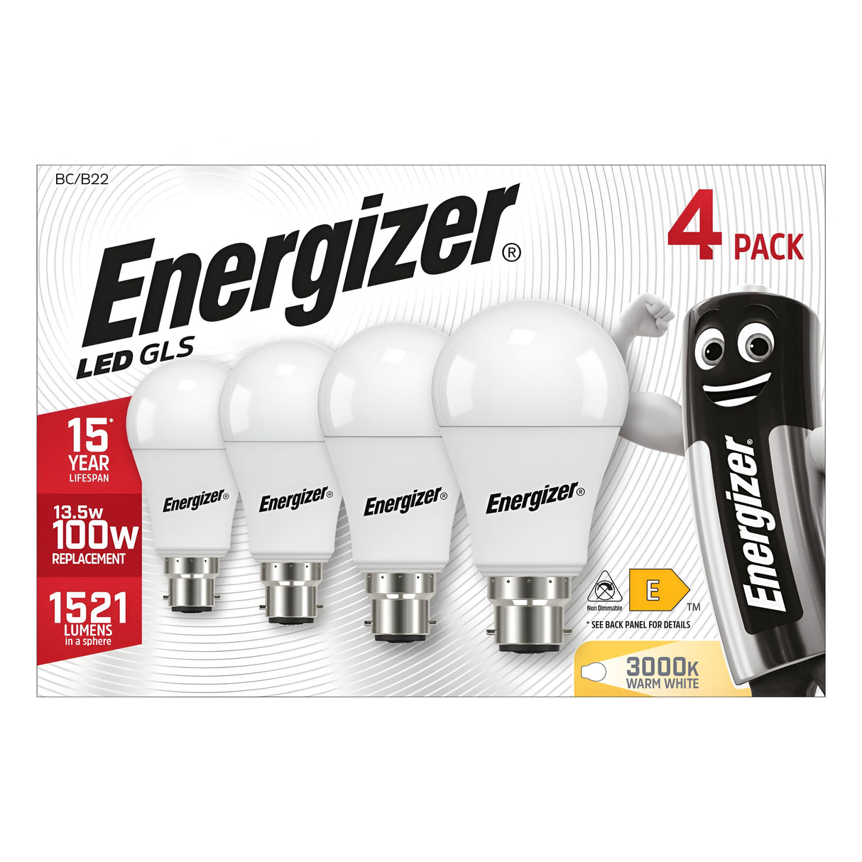 The packaging of the Energizer 13.5W Non-Dimmable LED GLS Bulb - Warm White, B22, 3000K highlights four energy-saving lighting options accompanied by a cartoon battery mascot. It emphasizes key features such as a 15-year lifespan, brightness of 1521 lumens, and a cozy warm white light at 3000K.