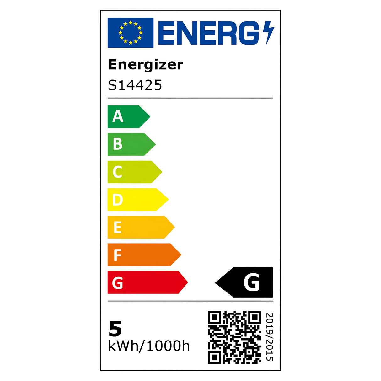 Energy label for the Energizer 4.9W GU10 Non-Dimmable LED Bulb - Warm White, 3000K (model S14425), rated G on an A-G scale. It emits warm white light with energy usage of 5 kWh/1000h and features a QR code and the year 2019/2025 at the bottom.