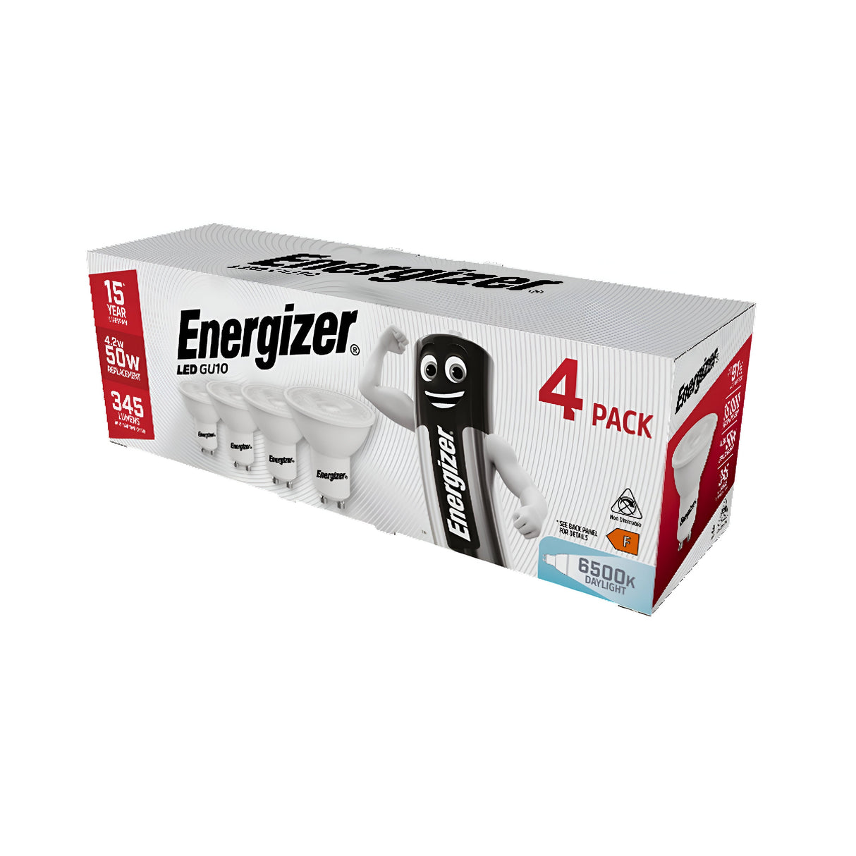 Packaging for the Energizer 4.9W GU10 Non-Dimmable LED Bulb - Daylight, 6500K, available in a convenient four-pack. The box showcases energy efficiency details: a 15-year lifespan, consuming only 4.9W to replace traditional 50W bulbs, providing 345 lumens and boasting daylight brightness of 6500K. Featured on the right side of the packaging is a cartoon battery character.