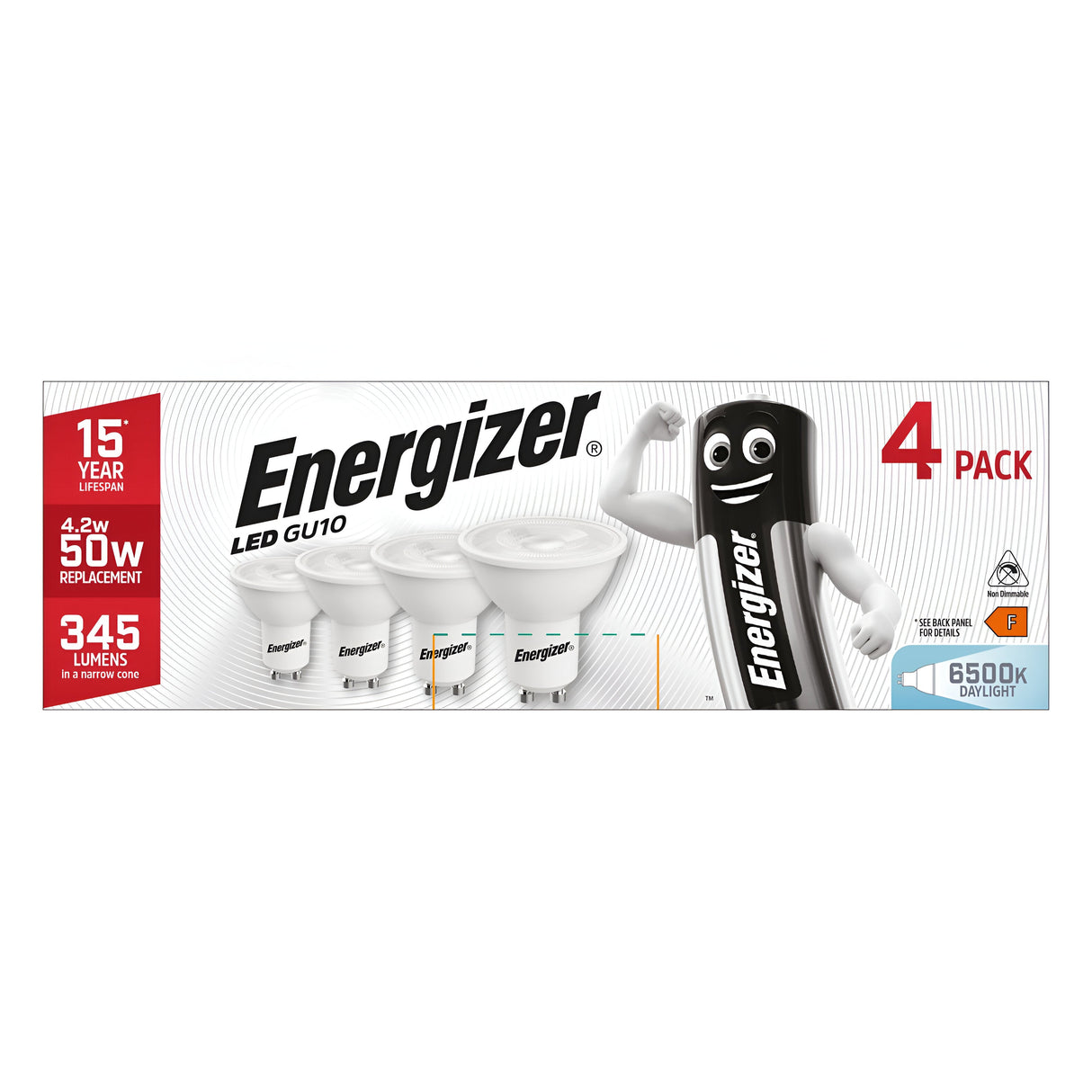 The packaging for the Energizer 4.9W GU10 Non-Dimmable LED Bulbs - Daylight, 6500K (4 Pack) features four energy-efficient bulbs alongside the iconic Energizer battery mascot. These bulbs provide a lifespan of up to 15 years, consuming only 4.9 watts to replace traditional 50-watt bulbs, delivering a bright output of 345 lumens and a crisp daylight glow at 6500K.