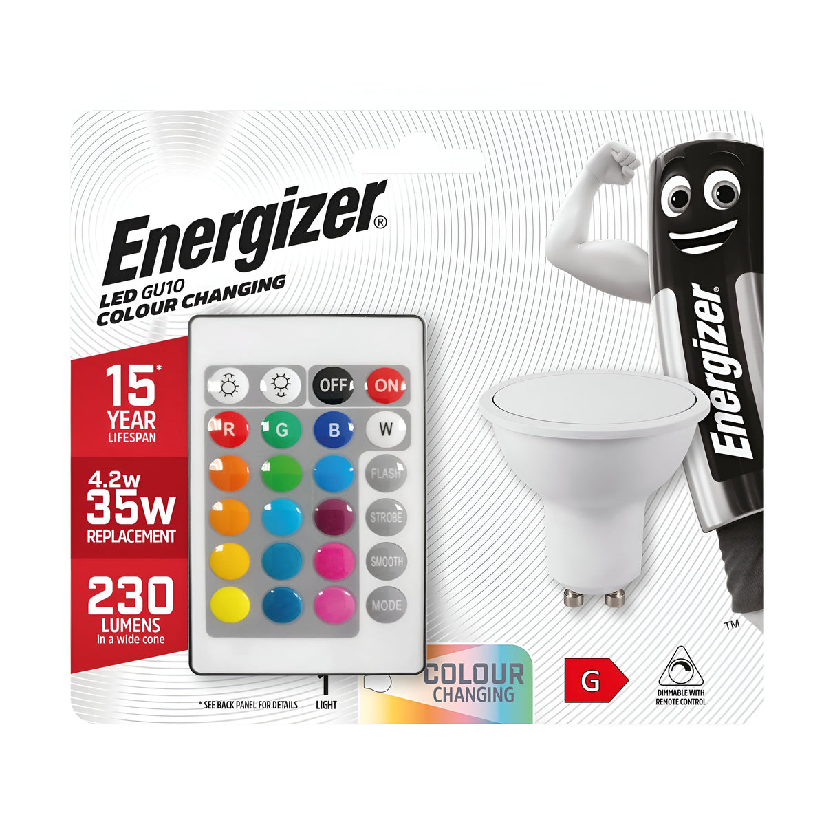 Introducing the packaging for the Energizer 4.2W GU10 Non-Dimmable LED Bulb - RGB+W with Remote Control, an energy-efficient lighting solution. This bulb offers a 15-year lifespan, replaces a 35W bulb while consuming only 4.2 watts, and provides 230 lumens of brightness. It comes with a remote control featuring multiple color options and includes a flexible battery character mascot as part of its design.
