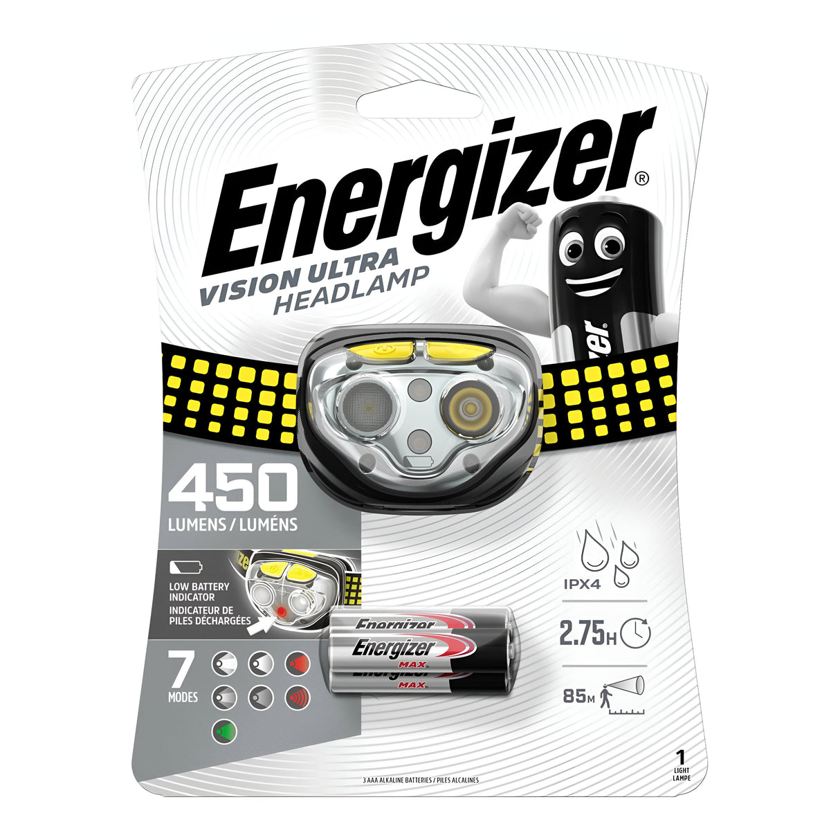 The packaging of the Energizer Vision Ultra HD LED Head Torch 450 Lumen - Batteries Included displays the headlamp equipped with night vision LEDs prominently on the front. It features a battery along with a cartoon battery character, and highlights key attributes such as 450 lumens, Smart Dimming technology, seven different modes, and water resistance.