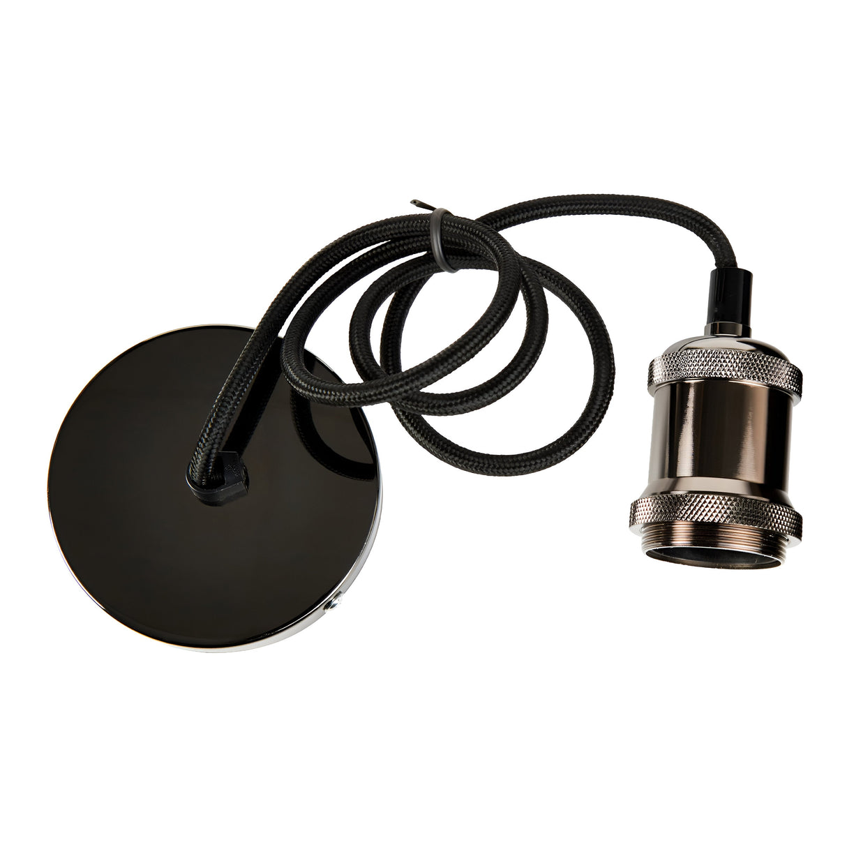 The Energizer 1.2m Adjustable Pendant in gunmetal features a metallic black finish and comprises a round base, an elongated braided cord, and an industrial-styled bulb socket. Its modern and minimalistic design provides an energy-efficient lighting solution ideal for contemporary interior decor.