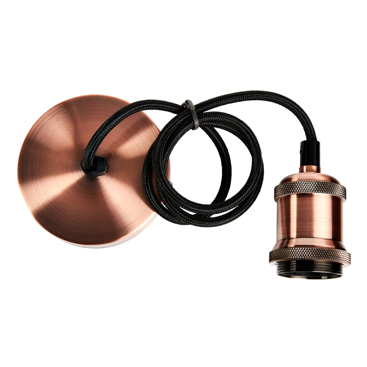 Illuminate your space with contemporary style and sophistication with the Energizer 1.2m Adjustable Pendant in Copper. This elegant modern lighting solution features a copper-colored pendant light fixture and an adjustable black braided cord, coiled in a circle, seamlessly connecting the textured socket to a round ceiling mount.