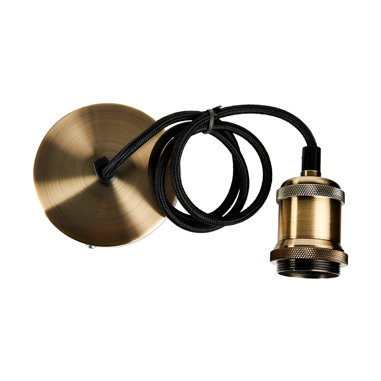 The Energizer 1.2m Adjustable Pendant in antique brass showcases industrial minimalism with its circular ceiling mount and braided black cord. Its textured metallic socket securely holds the bulb and incorporates sustainable technologies for an eco-friendly touch.