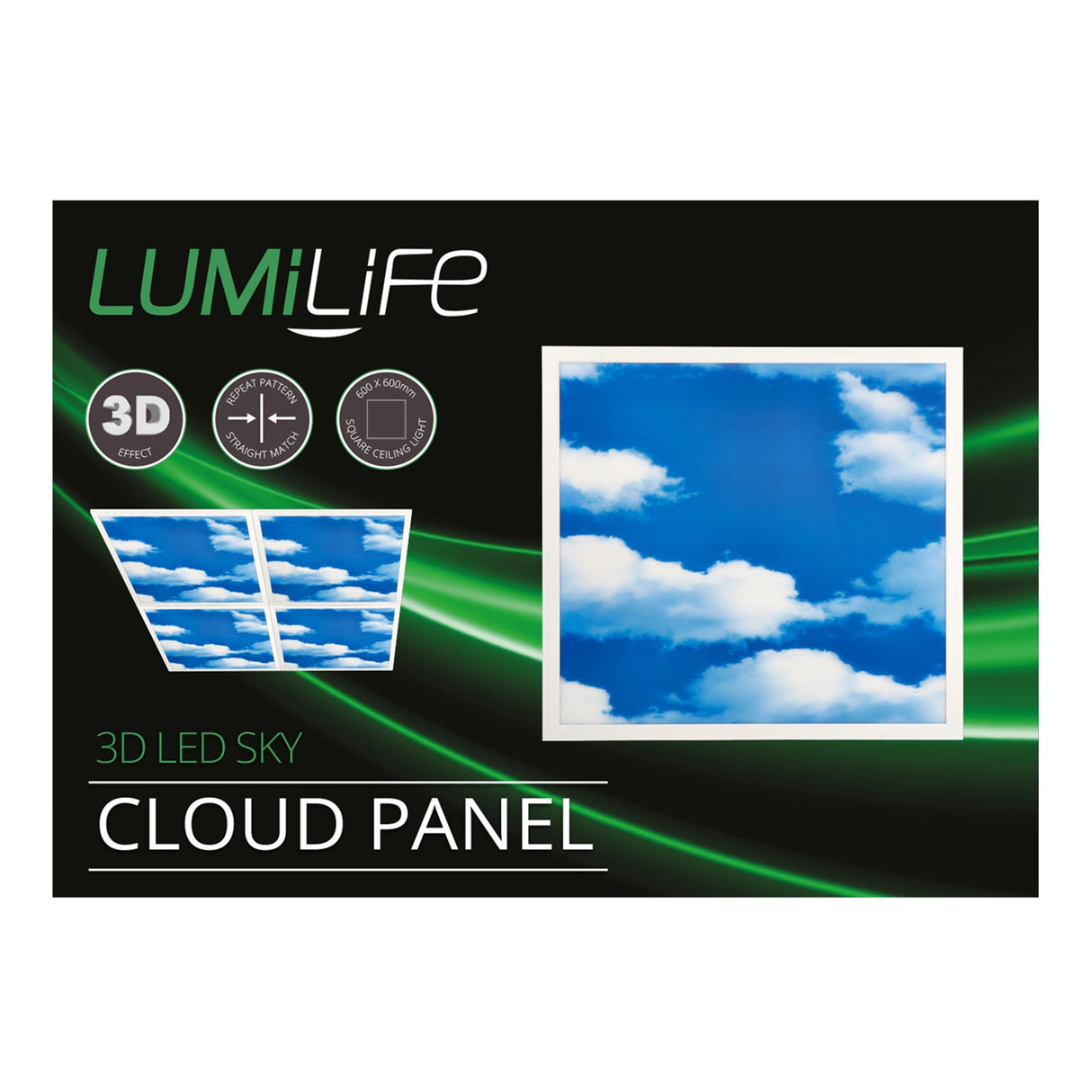 LumiLife 600x600 3D LED Cloud Panel (6000K, 40W) packaging highlights its daylight ceiling light with a blue sky and cloud image, 3D effect, flexible panel design, and suitability for healthcare lighting.