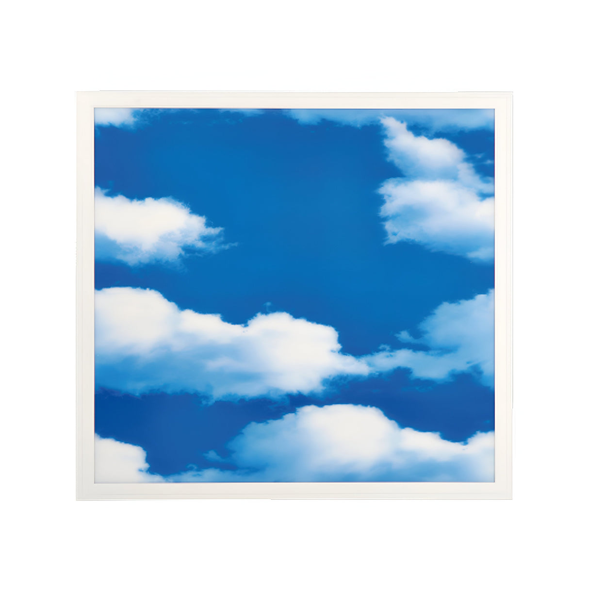 A white-framed picture displays a bright blue sky with fluffy white clouds, similar to the LumiLife 600x600 3D LED Cloud Panel (6000K, 40W) used in modern healthcare lighting to create a peaceful, sunny ambiance.